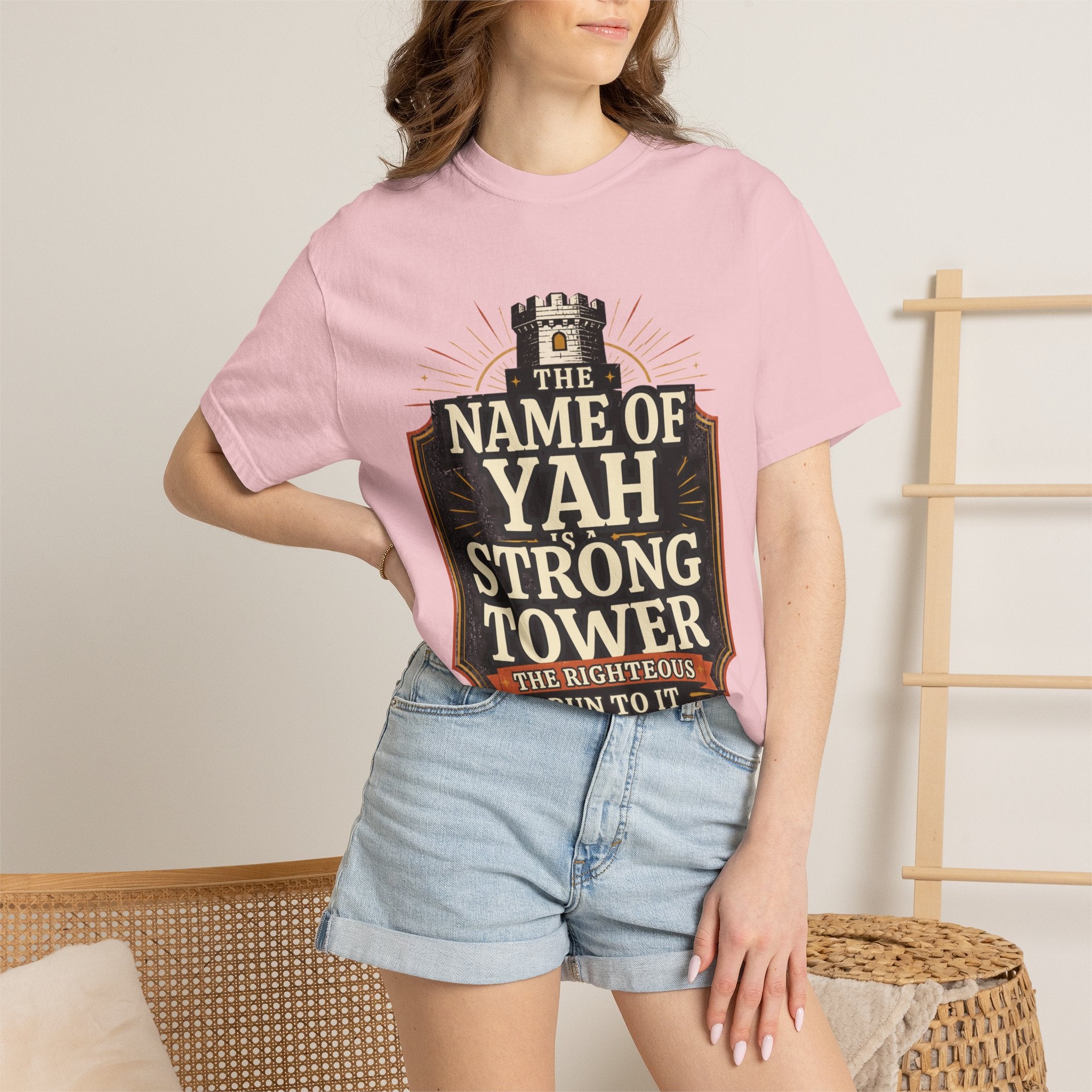 T-Shirt — “The Name of Yah Strong Tower” Vintage Religious Graphic Tee