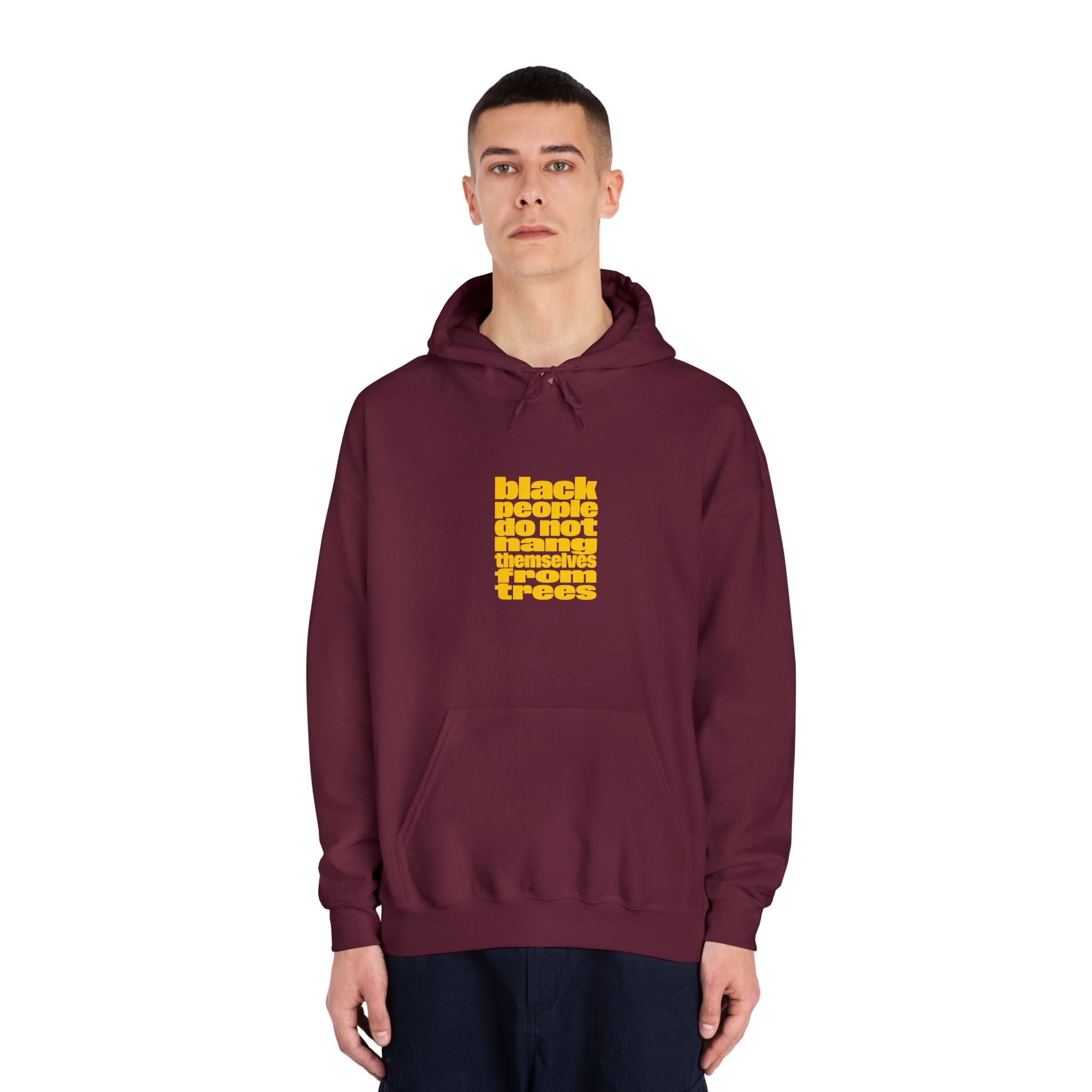 Hoodie — "Black People Do Not Hang Themselves From Trees" Yellow Block Graphic