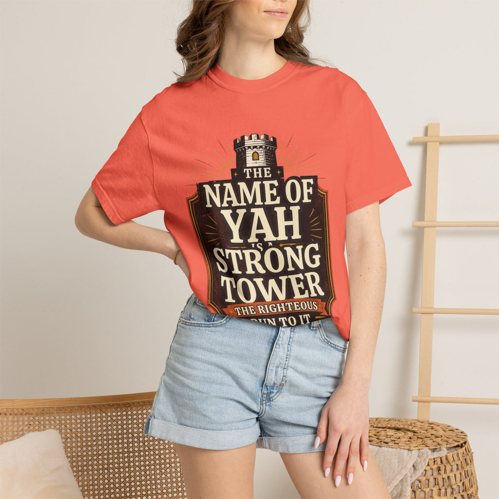 T-Shirt — “The Name of Yah Strong Tower” Vintage Religious Graphic Tee
