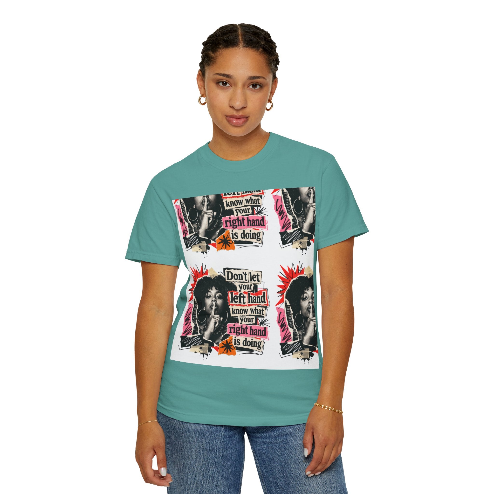 Graphic T-Shirt — Retro Pop Art “Don't Let Your Left Hand Know What Your Right Hand Is Doing”