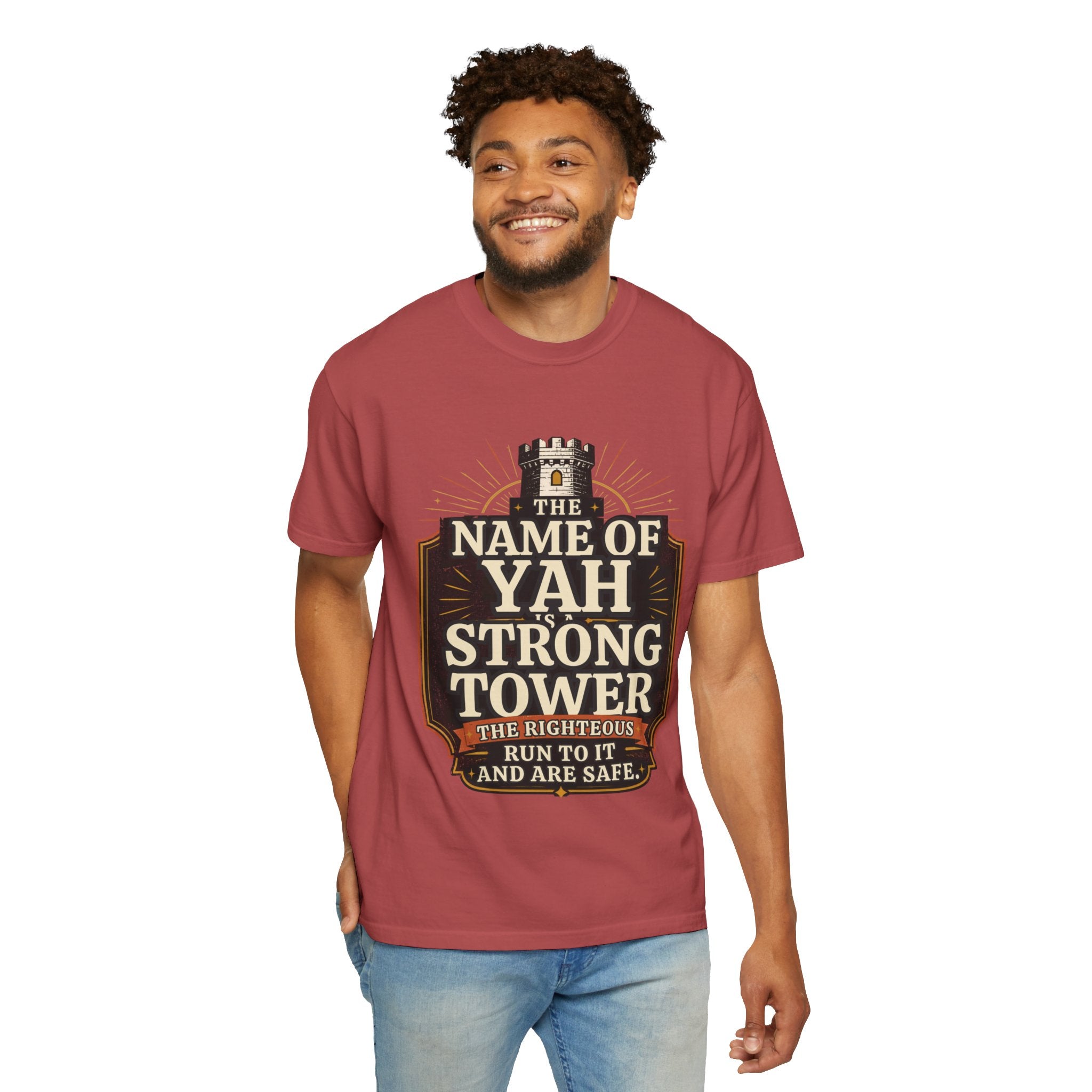 T-Shirt — “The Name of Yah Strong Tower” Vintage Religious Graphic Tee