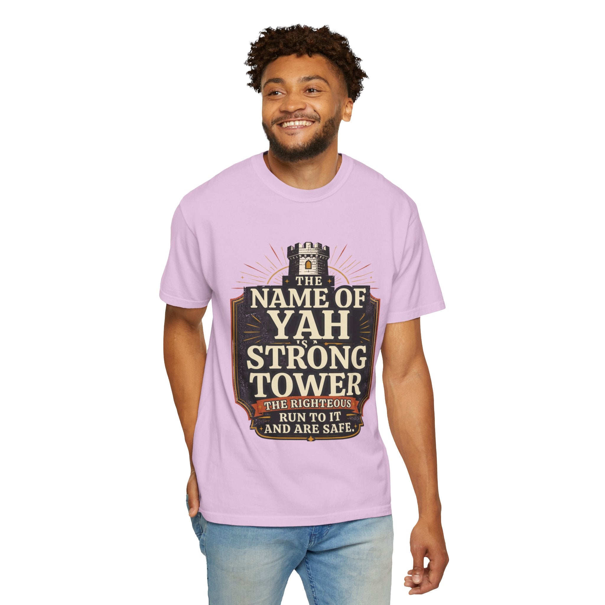 T-Shirt — “The Name of Yah Strong Tower” Vintage Religious Graphic Tee