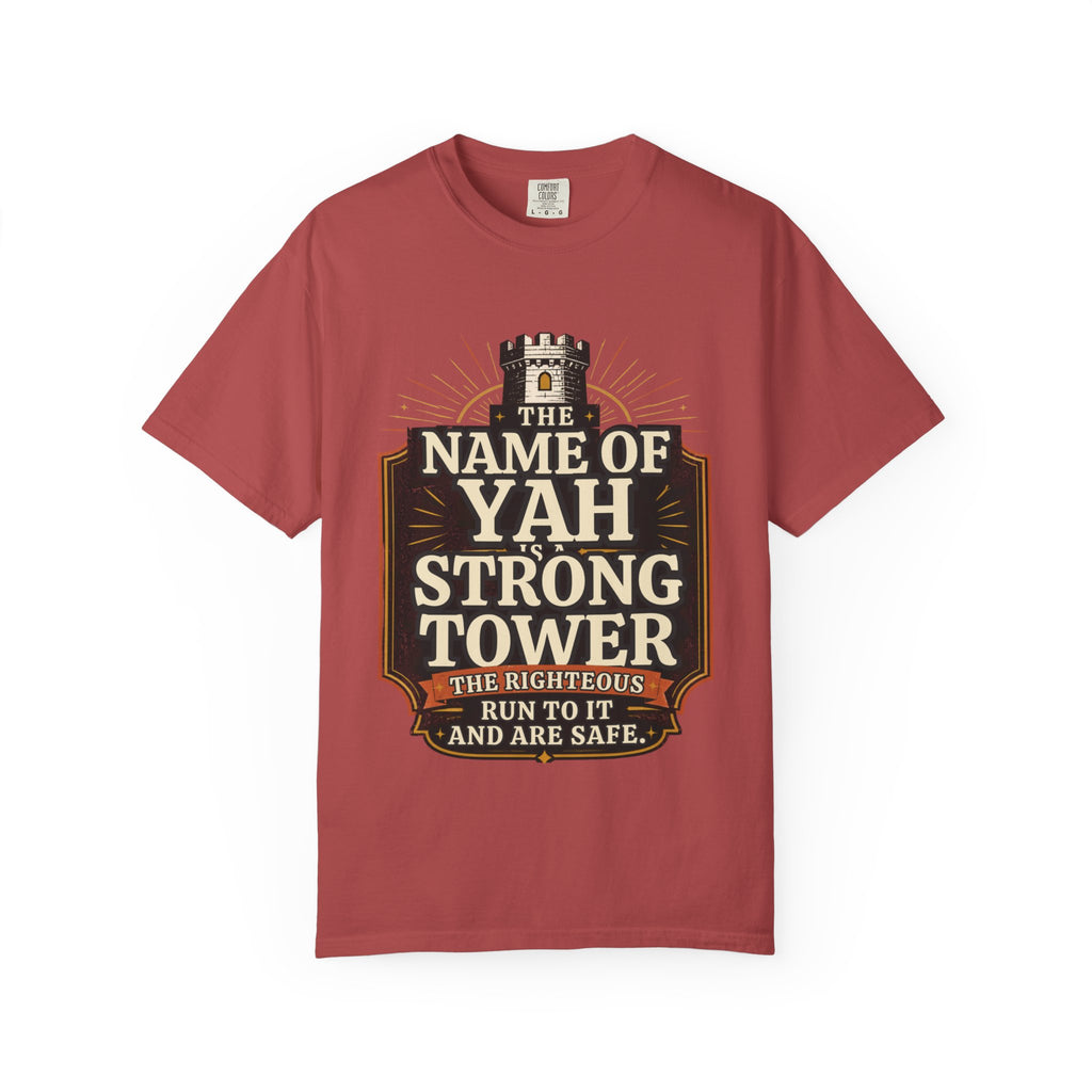 T-Shirt — “The Name of Yah Strong Tower” Vintage Religious Graphic Tee