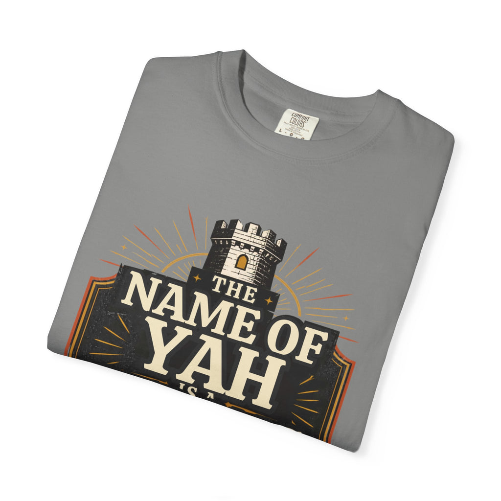 T-Shirt — “The Name of Yah Strong Tower” Vintage Religious Graphic Tee