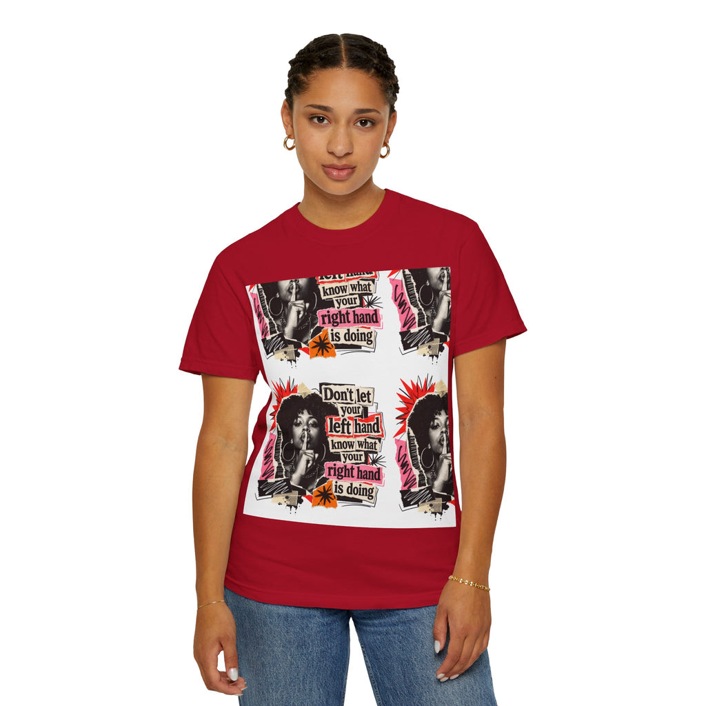 Graphic T-Shirt — Retro Pop Art “Don't Let Your Left Hand Know What Your Right Hand Is Doing”