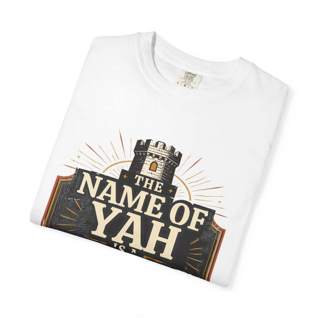 T-Shirt — “The Name of Yah Strong Tower” Vintage Religious Graphic Tee