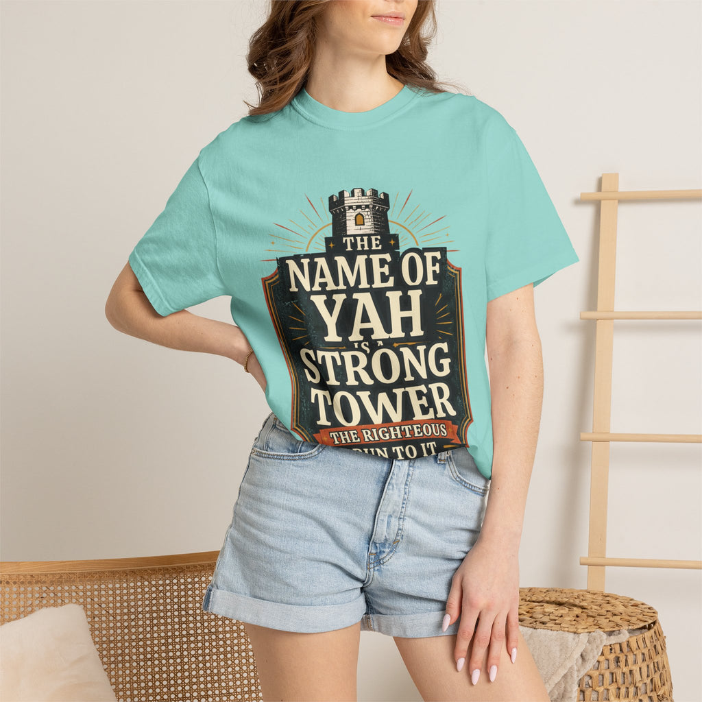T-Shirt — “The Name of Yah Strong Tower” Vintage Religious Graphic Tee