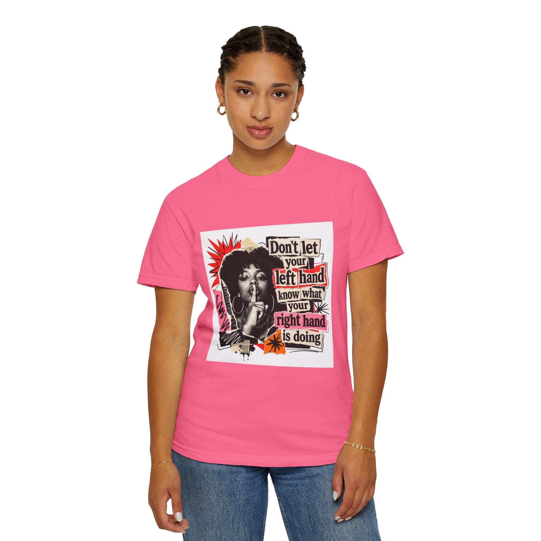 Graphic T-Shirt “Don’t Let Your Left Hand Know” Retro Collage Tee