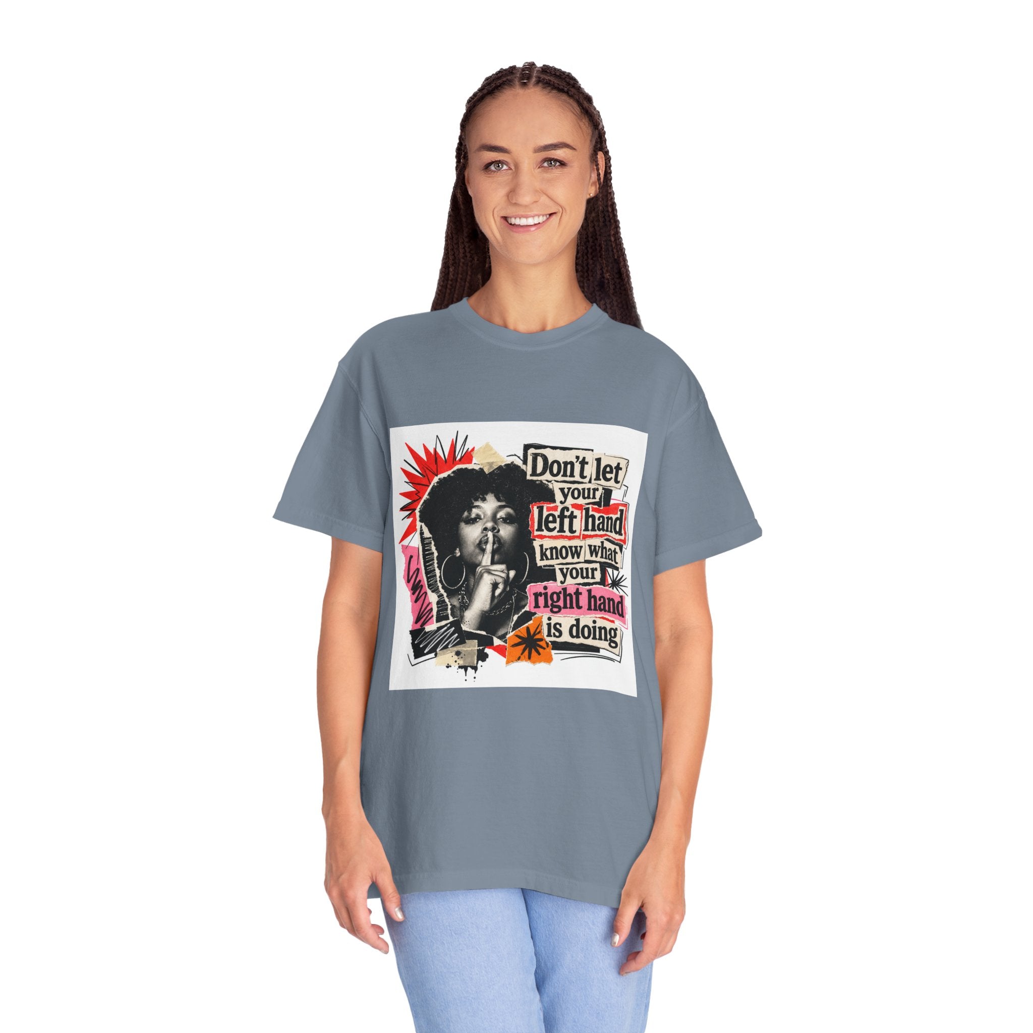 Graphic T-Shirt “Don’t Let Your Left Hand Know” Retro Collage Tee