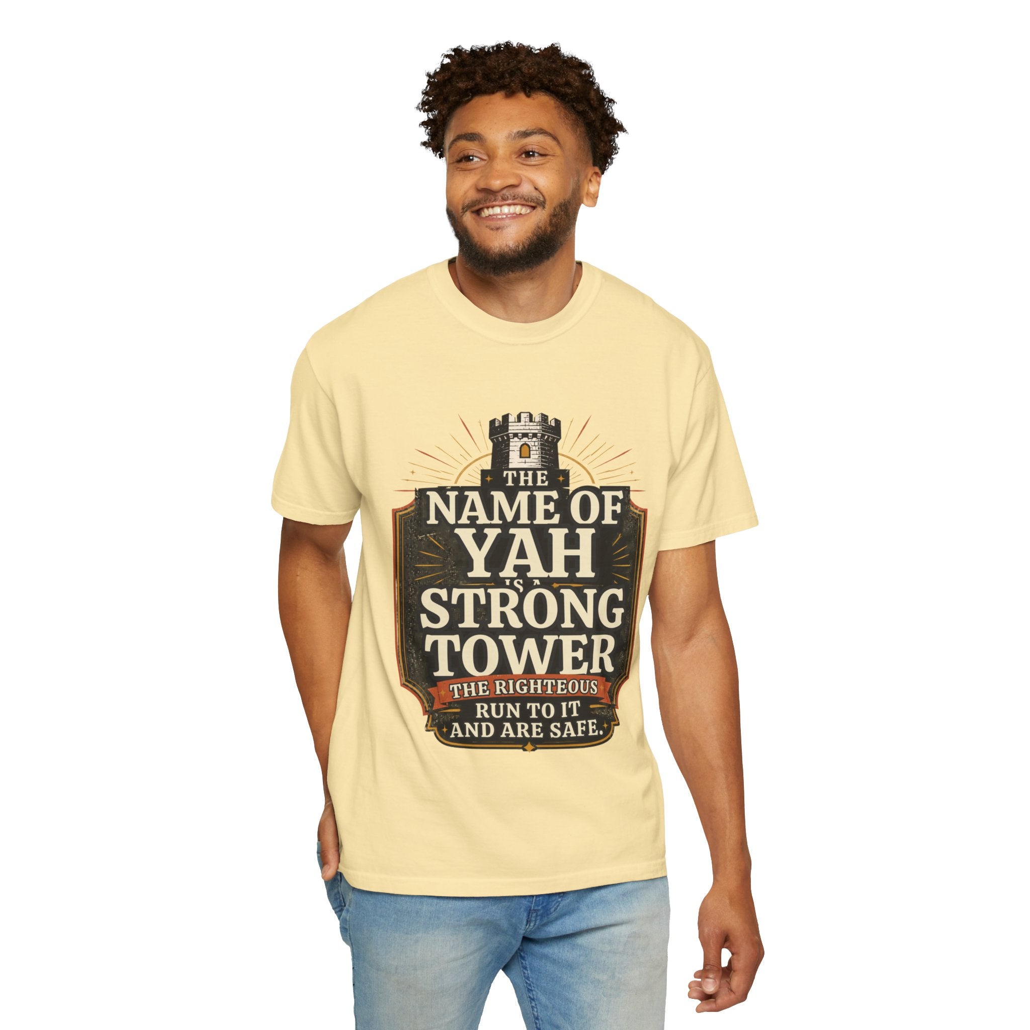 T-Shirt — “The Name of Yah Strong Tower” Vintage Religious Graphic Tee