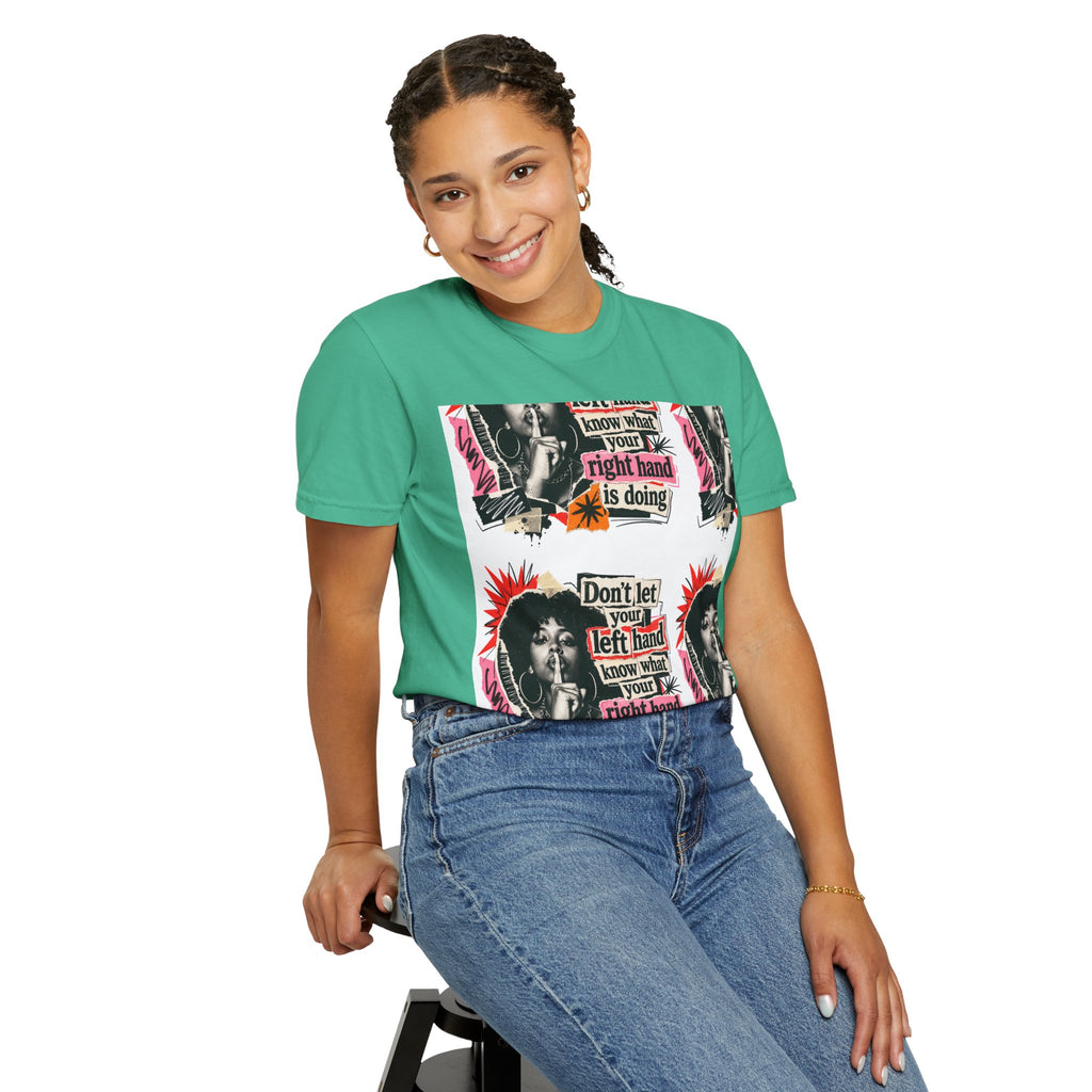 Graphic T-Shirt — Retro Pop Art “Don't Let Your Left Hand Know What Your Right Hand Is Doing”