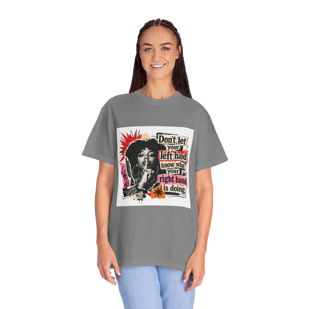 Graphic T-Shirt “Don’t Let Your Left Hand Know” Retro Collage Tee