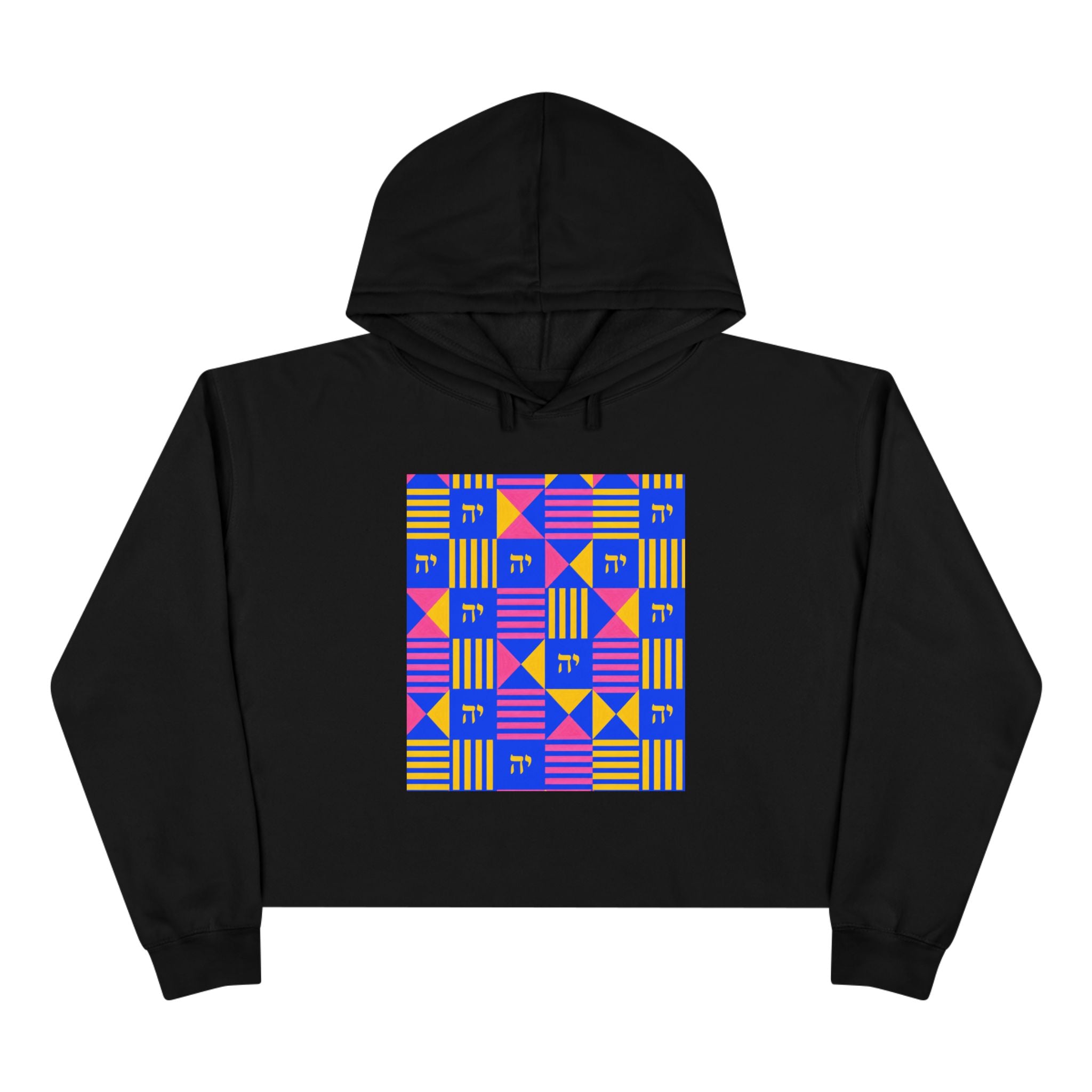 Abstract Geometric Crop Hoodie — Colorblock Square Pattern