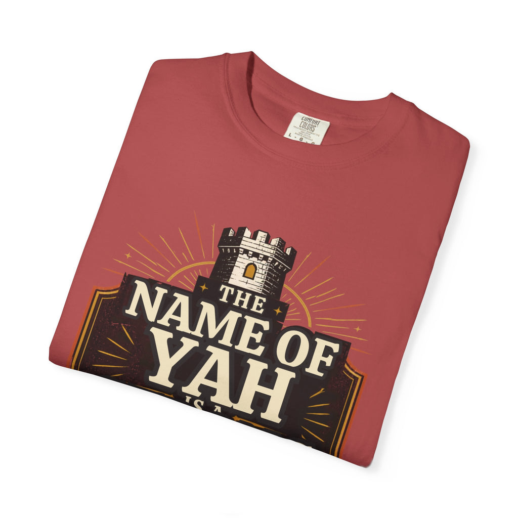 T-Shirt — “The Name of Yah Strong Tower” Vintage Religious Graphic Tee