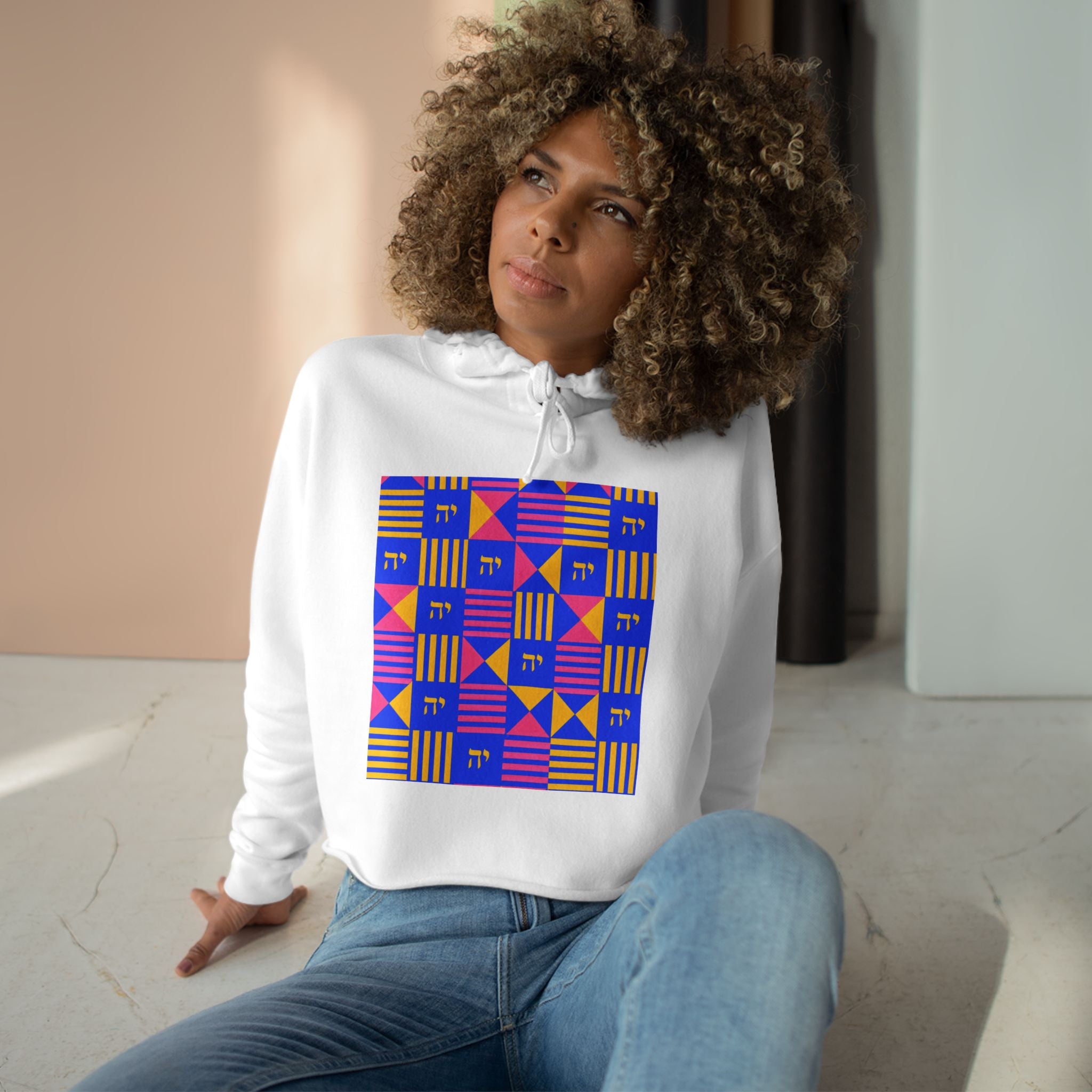 Abstract Geometric Crop Hoodie — Colorblock Square Pattern