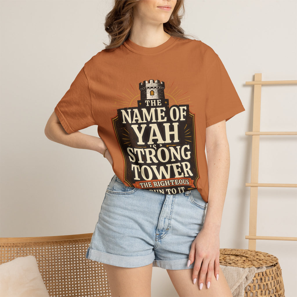 T-Shirt — “The Name of Yah Strong Tower” Vintage Religious Graphic Tee