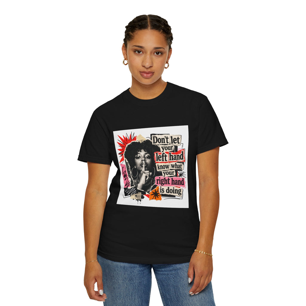 Graphic T-Shirt “Don’t Let Your Left Hand Know” Retro Collage Tee