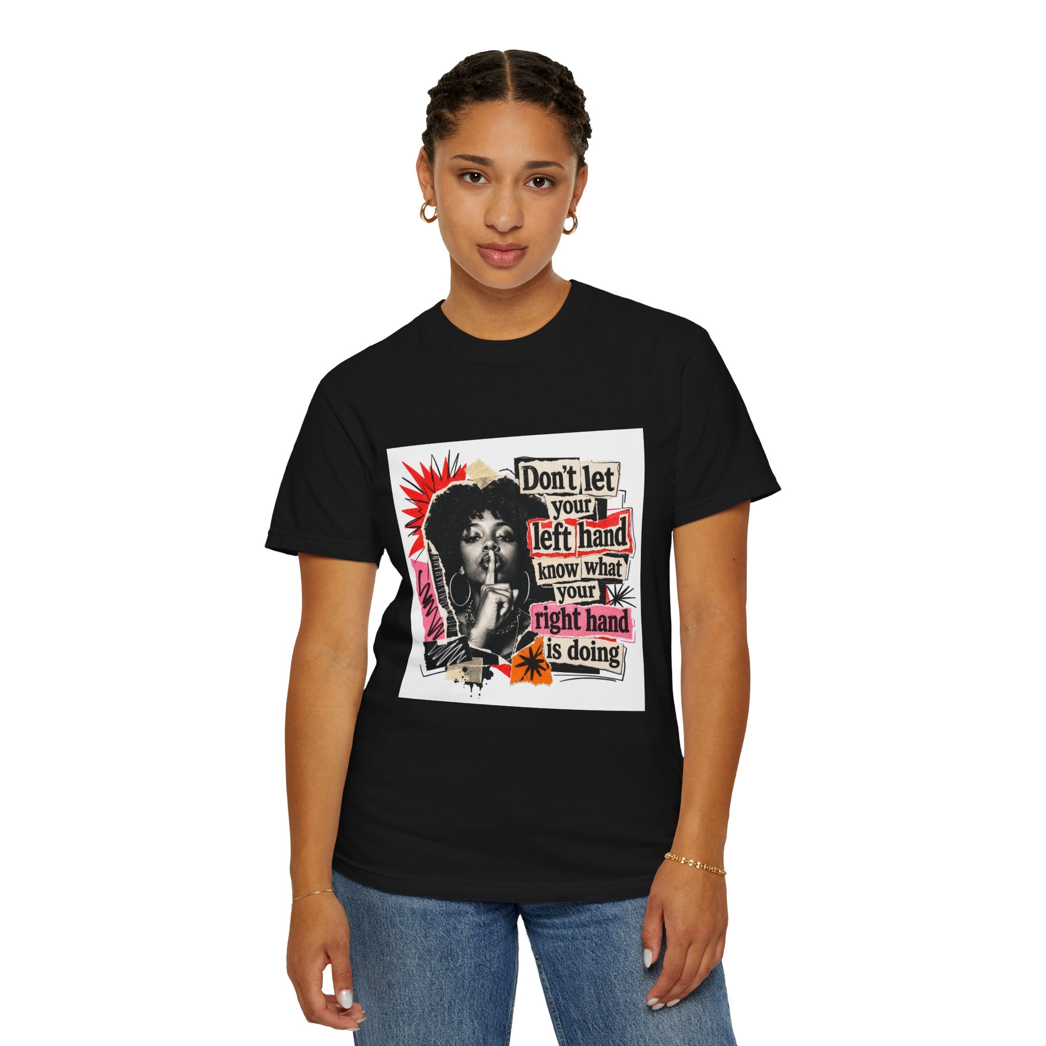 Graphic T-Shirt “Don’t Let Your Left Hand Know” Retro Collage Tee