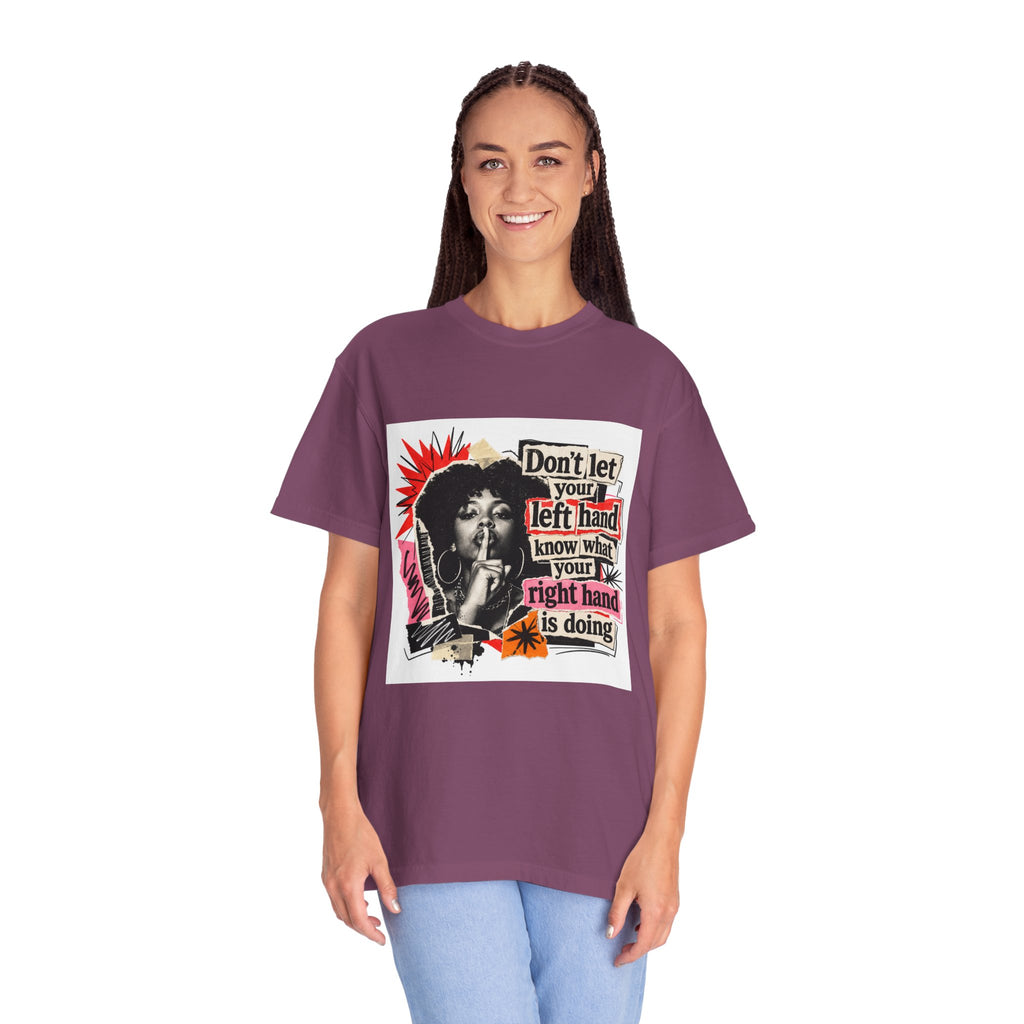 Graphic T-Shirt “Don’t Let Your Left Hand Know” Retro Collage Tee