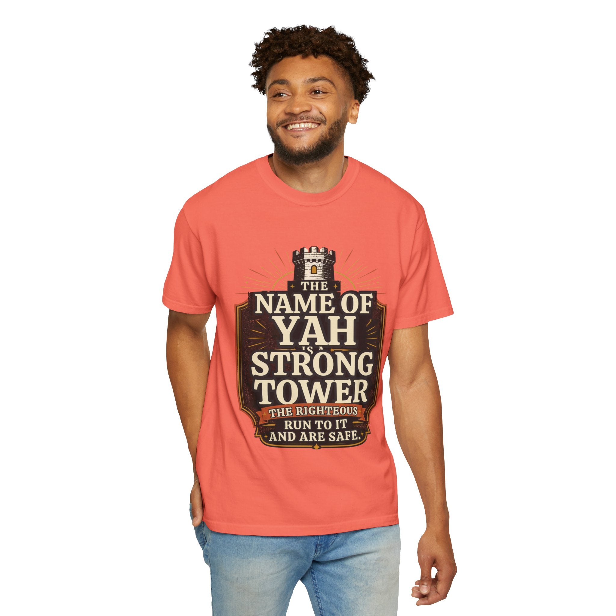 T-Shirt — “The Name of Yah Strong Tower” Vintage Religious Graphic Tee