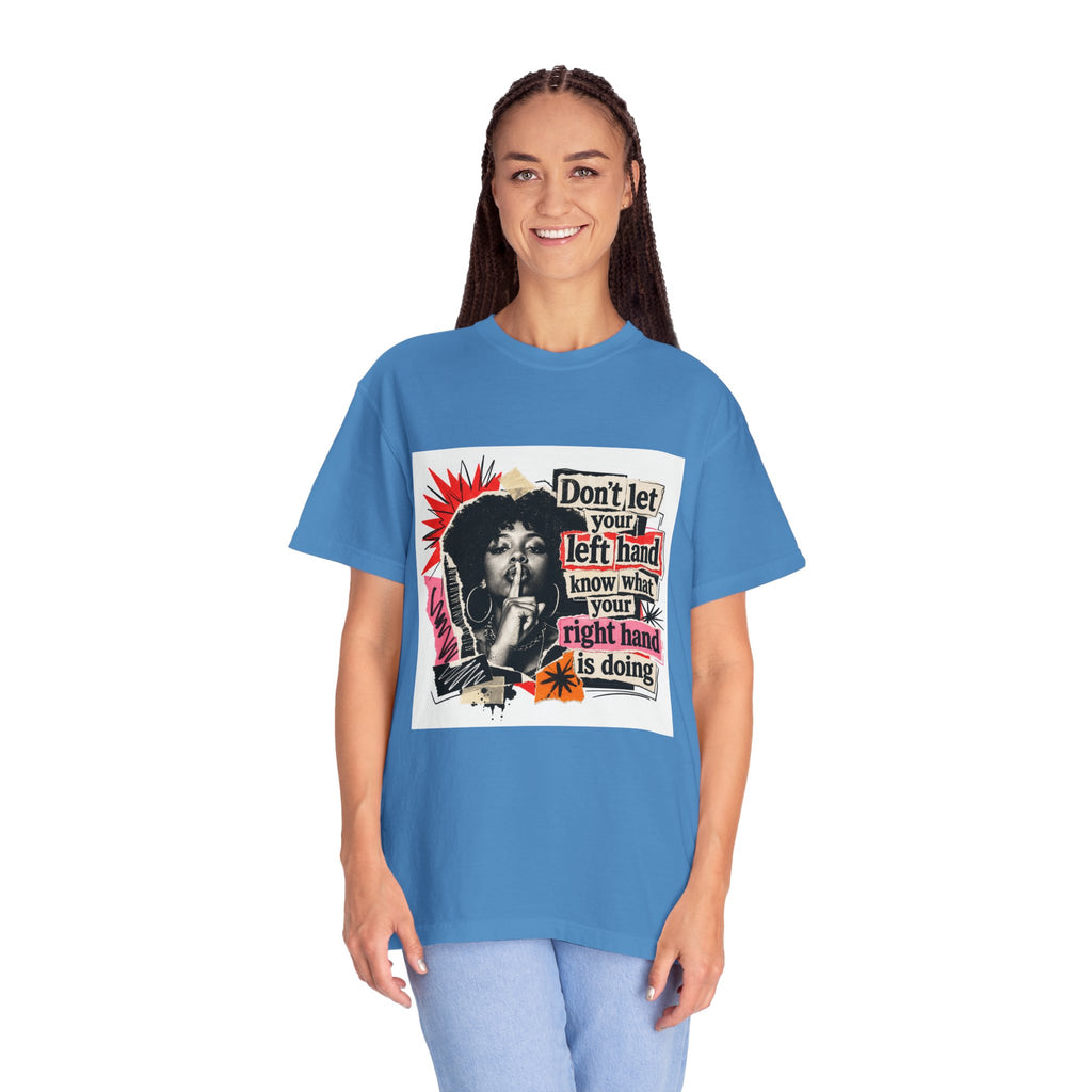 Graphic T-Shirt “Don’t Let Your Left Hand Know” Retro Collage Tee