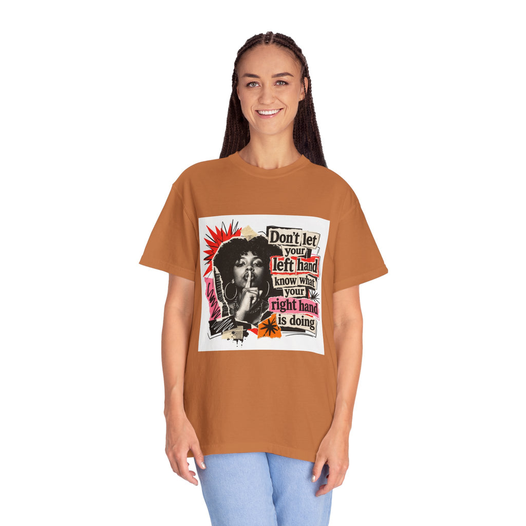 Graphic T-Shirt “Don’t Let Your Left Hand Know” Retro Collage Tee