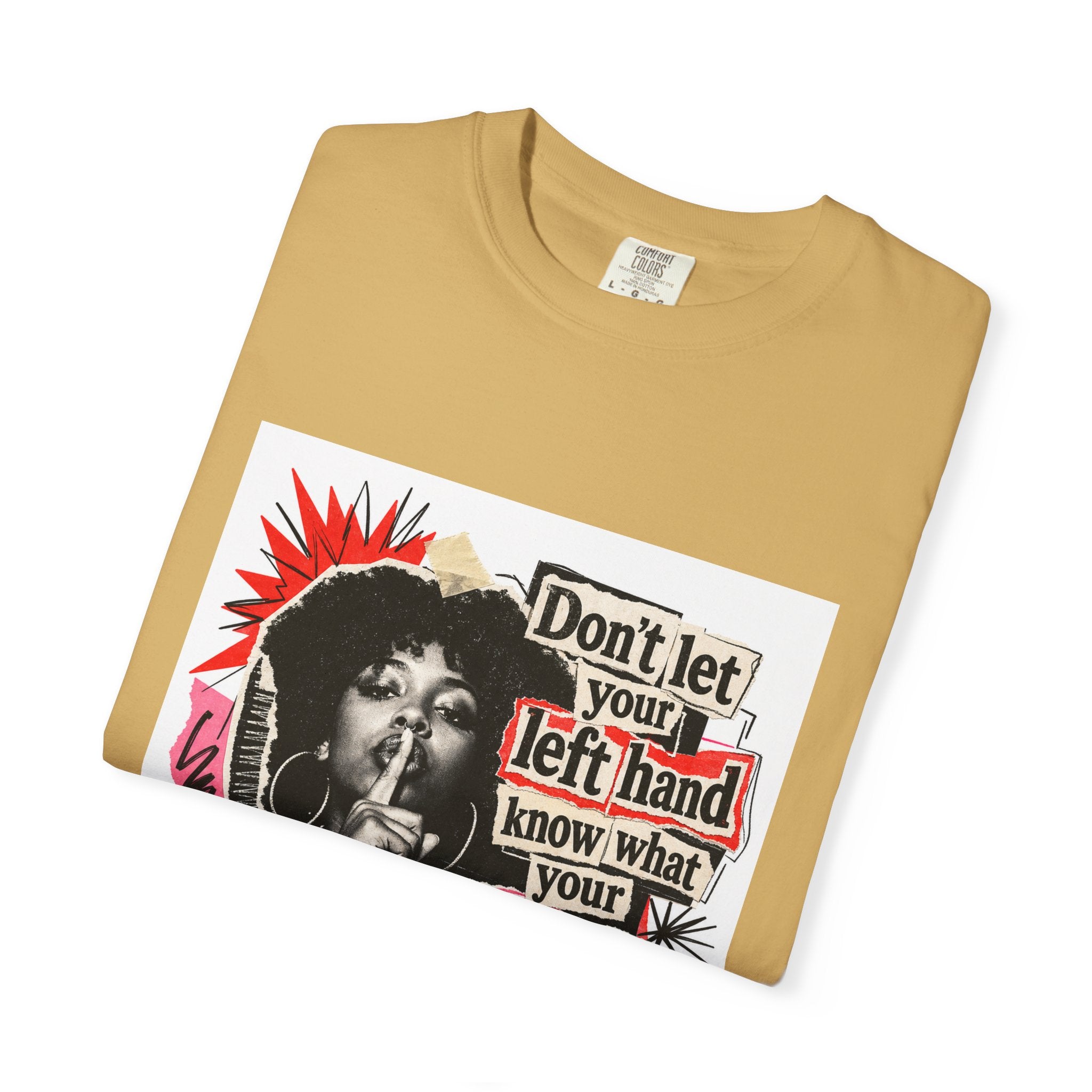 Graphic T-Shirt “Don’t Let Your Left Hand Know” Retro Collage Tee