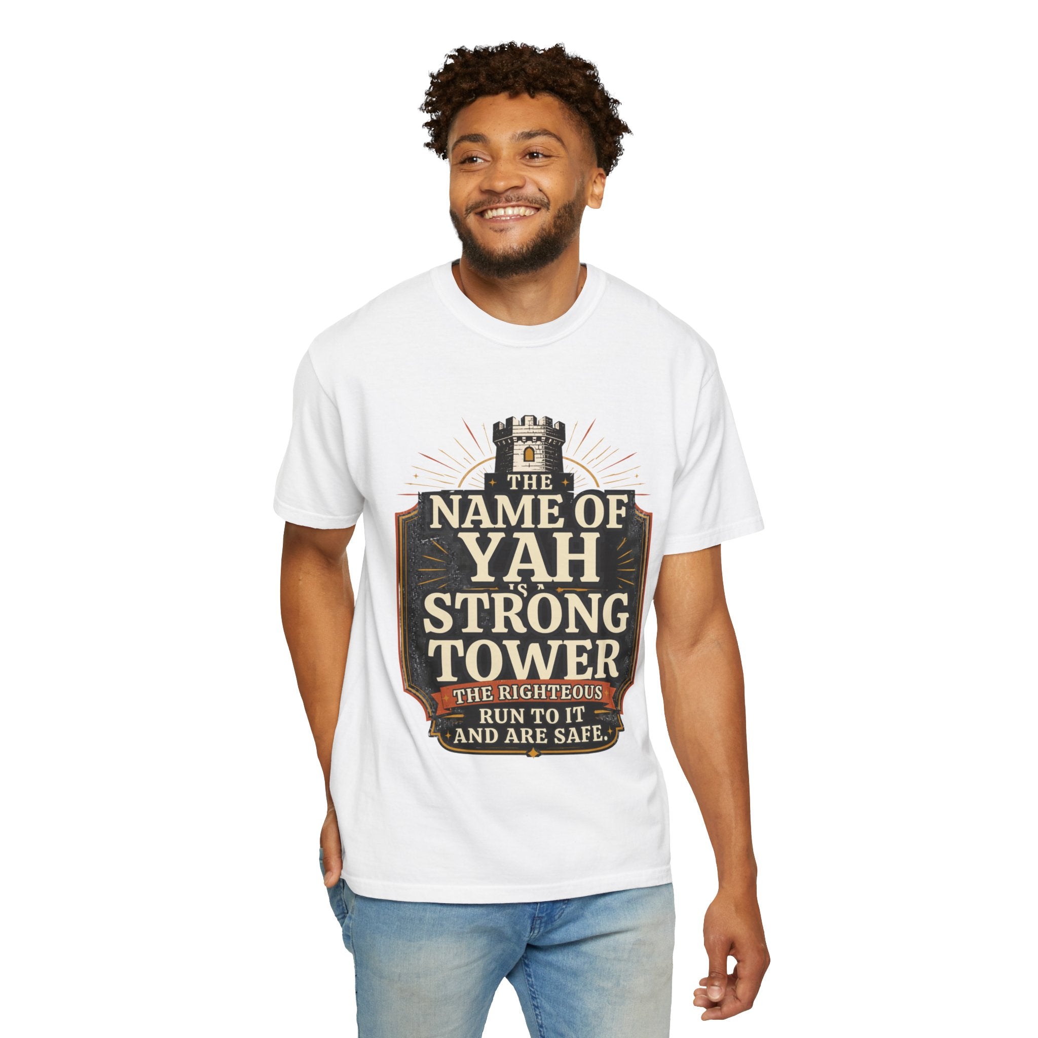 T-Shirt — “The Name of Yah Strong Tower” Vintage Religious Graphic Tee