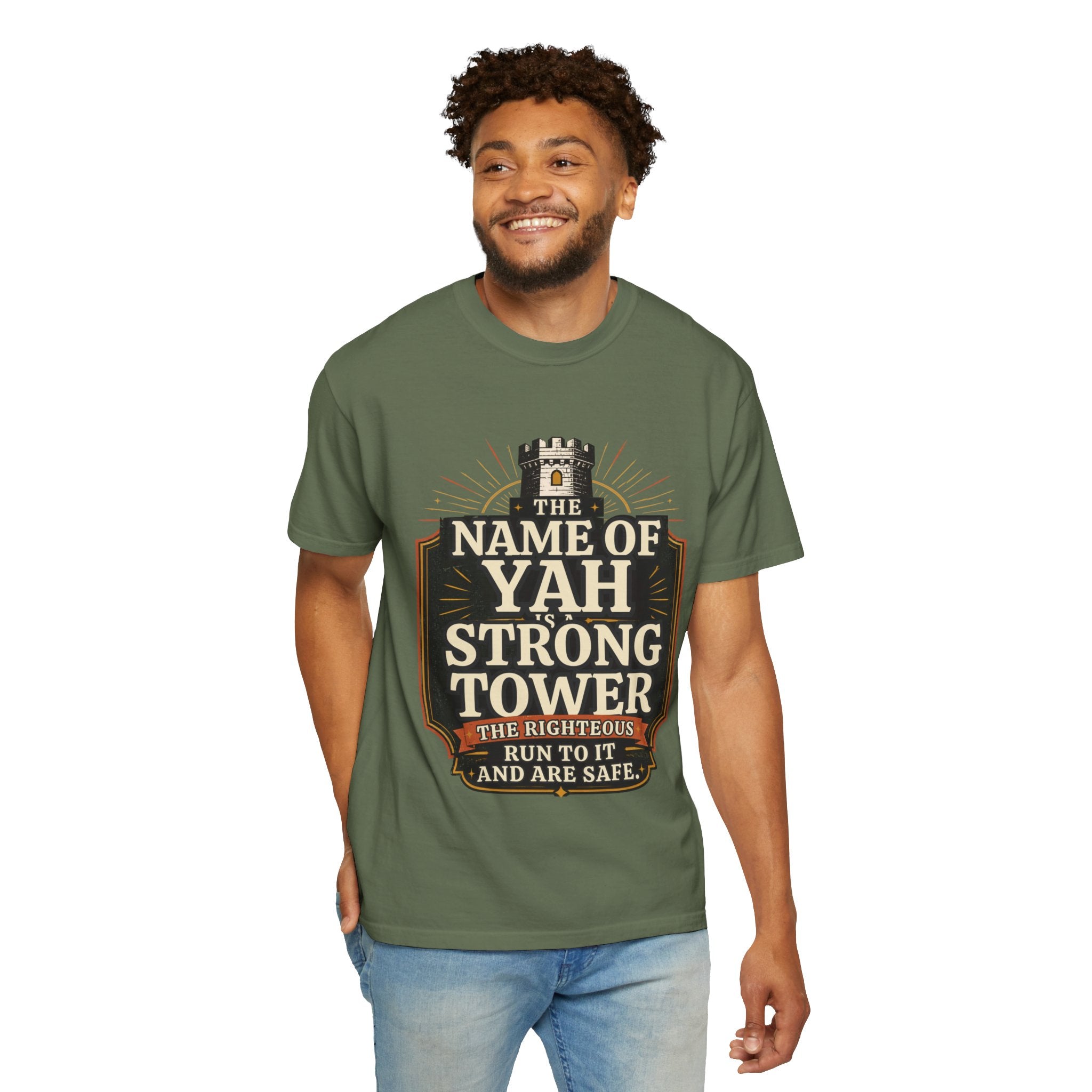 T-Shirt — “The Name of Yah Strong Tower” Vintage Religious Graphic Tee