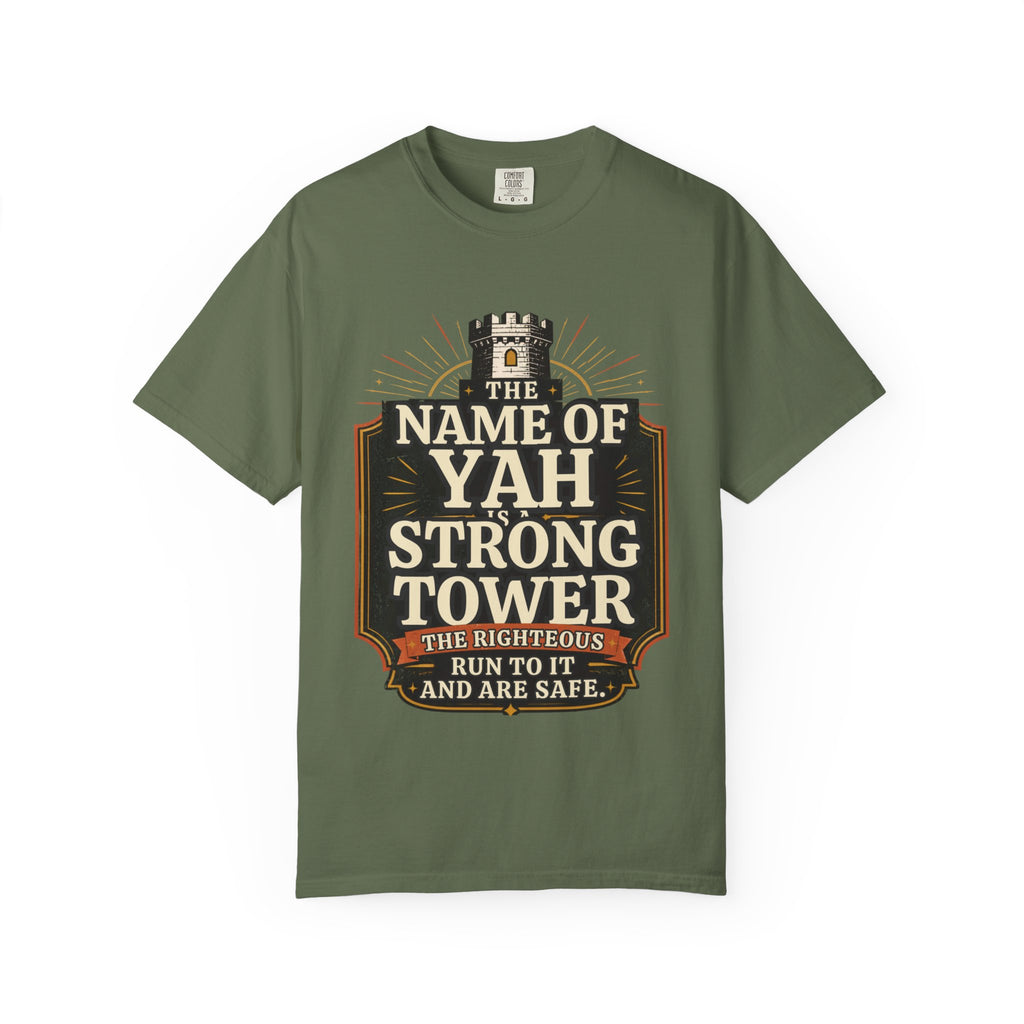 T-Shirt — “The Name of Yah Strong Tower” Vintage Religious Graphic Tee
