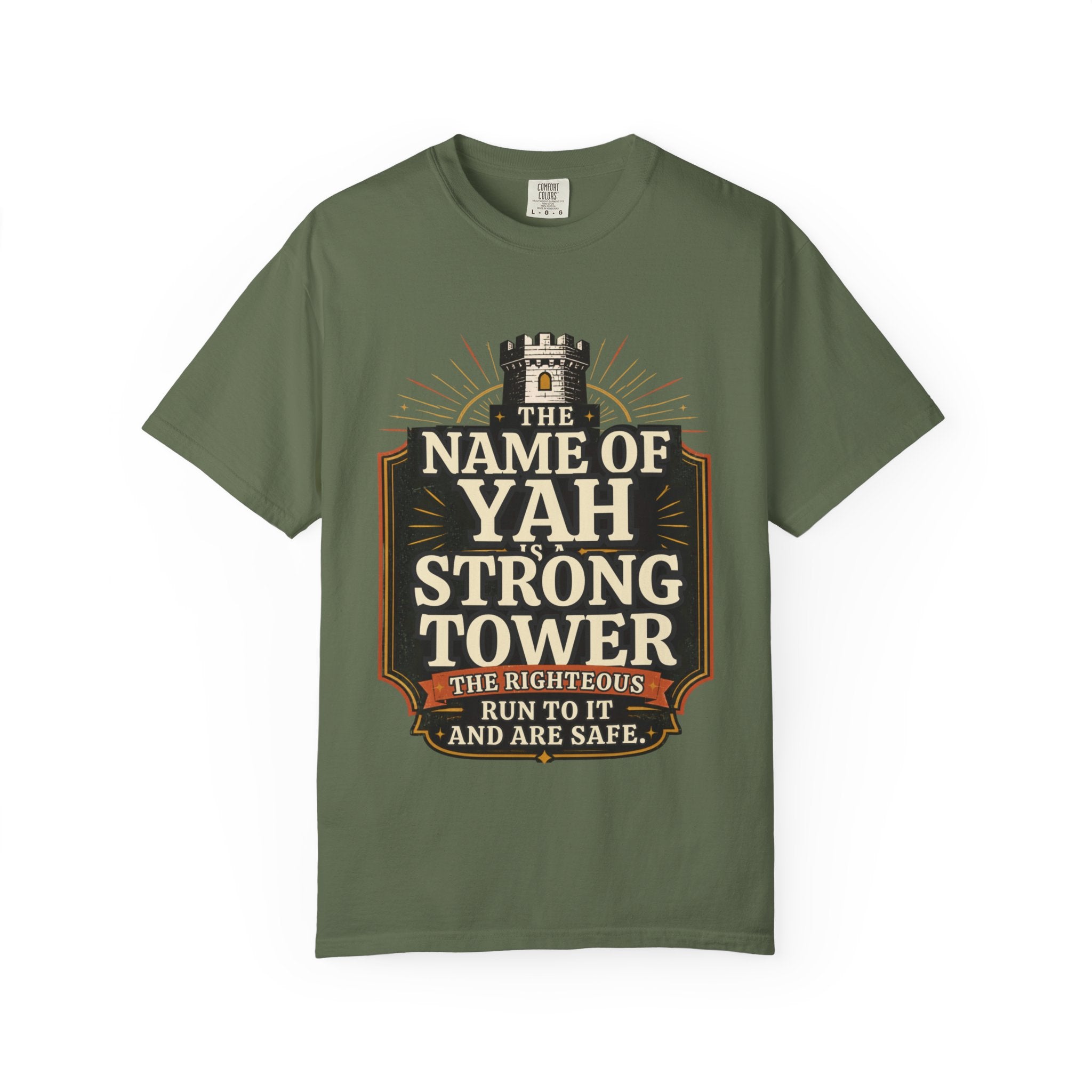 T-Shirt — “The Name of Yah Strong Tower” Vintage Religious Graphic Tee