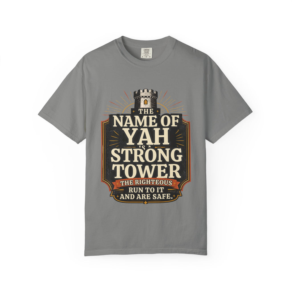 T-Shirt — “The Name of Yah Strong Tower” Vintage Religious Graphic Tee