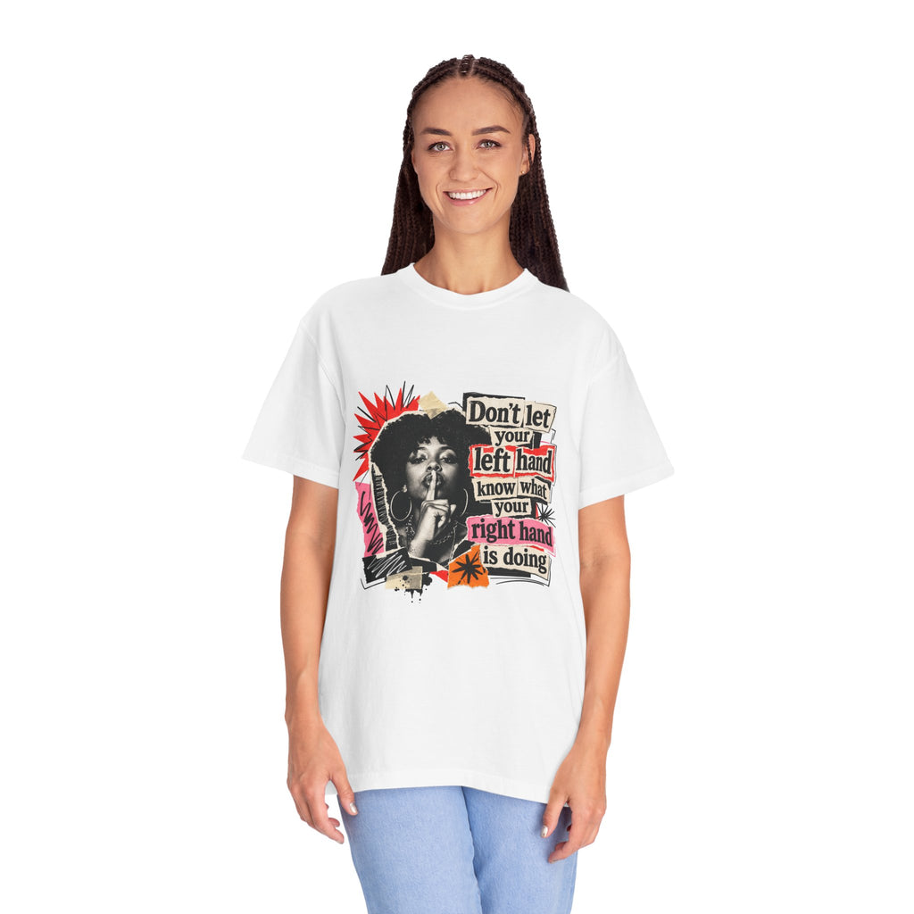 Graphic T-Shirt “Don’t Let Your Left Hand Know” Retro Collage Tee