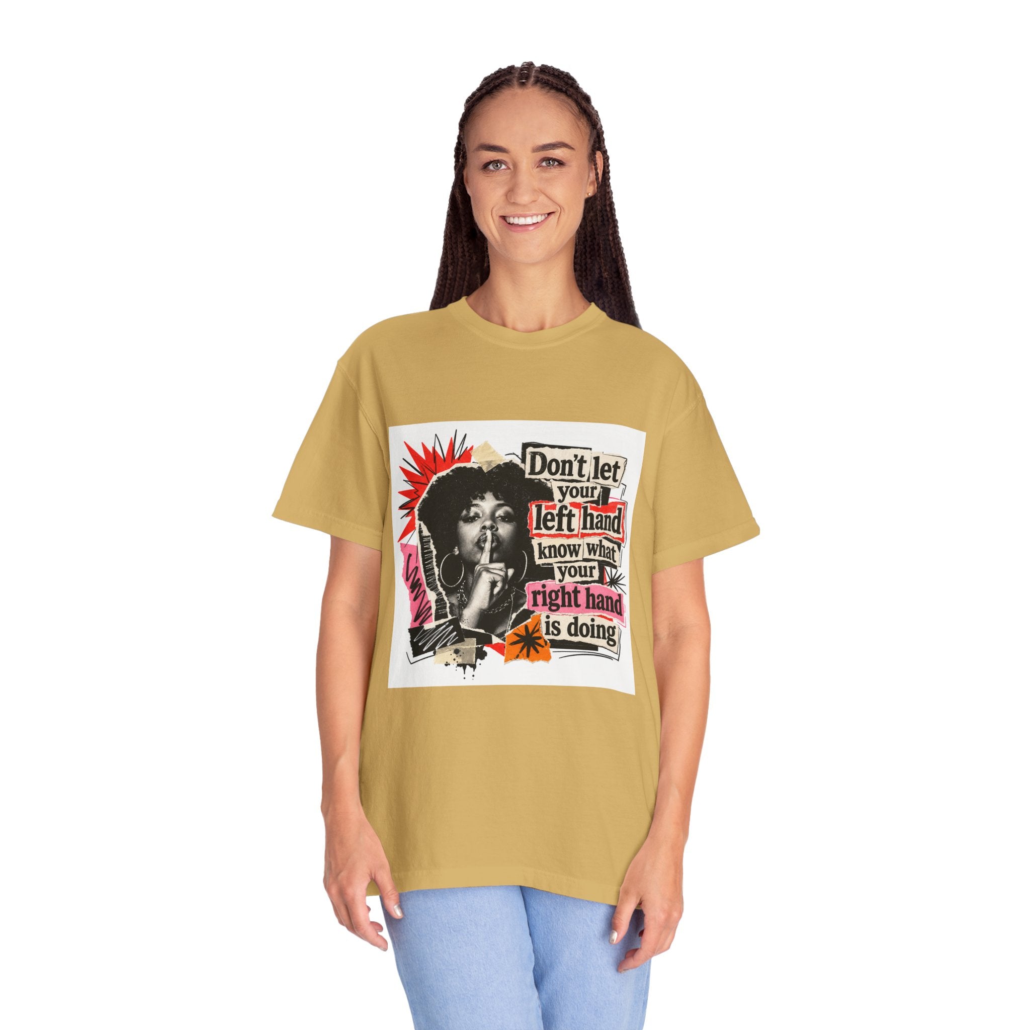 Graphic T-Shirt “Don’t Let Your Left Hand Know” Retro Collage Tee