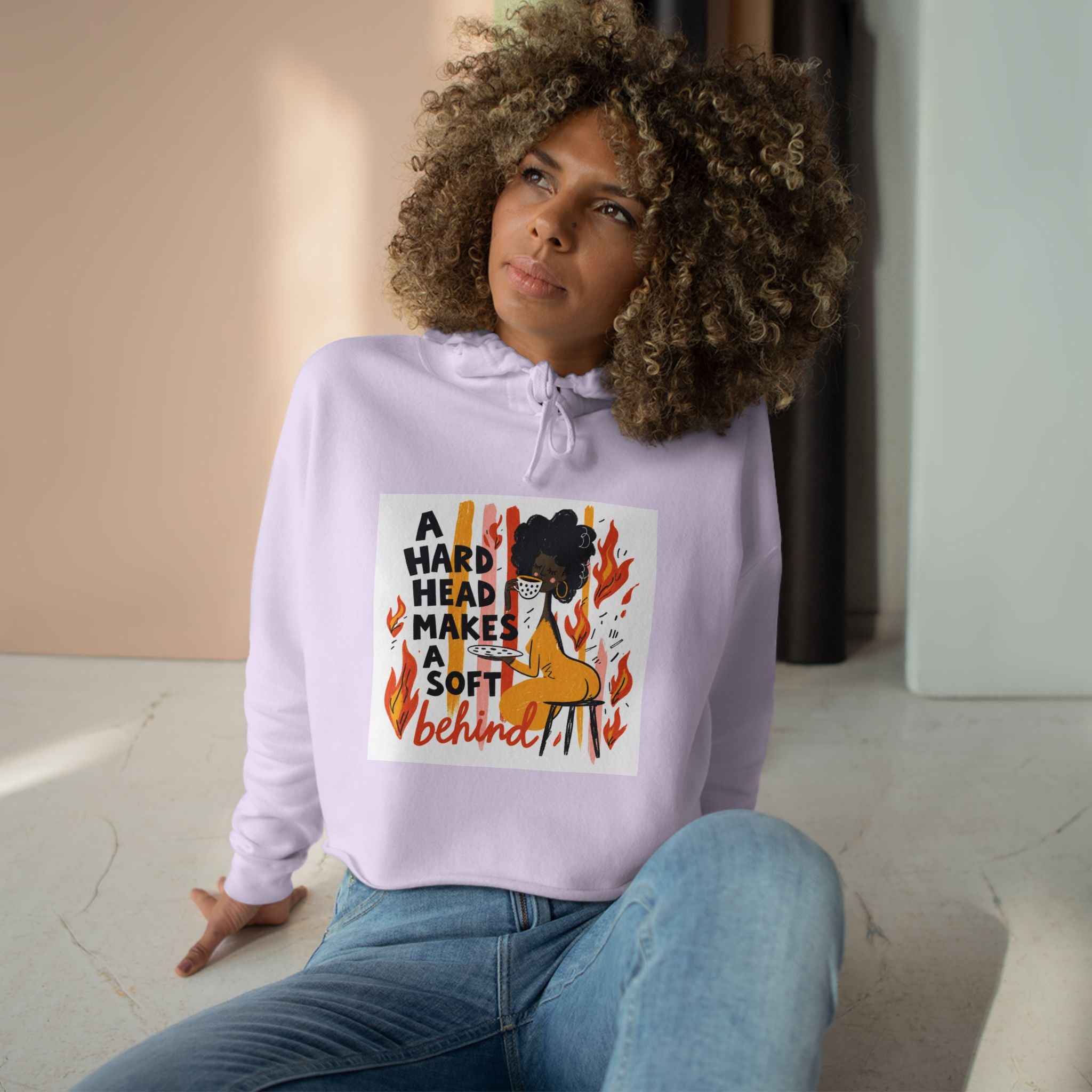 Cropped Hoodie — "A Hard Head Makes a Soft Behind" Graphic Crop Hoodie (Bold Retro Flame Design)