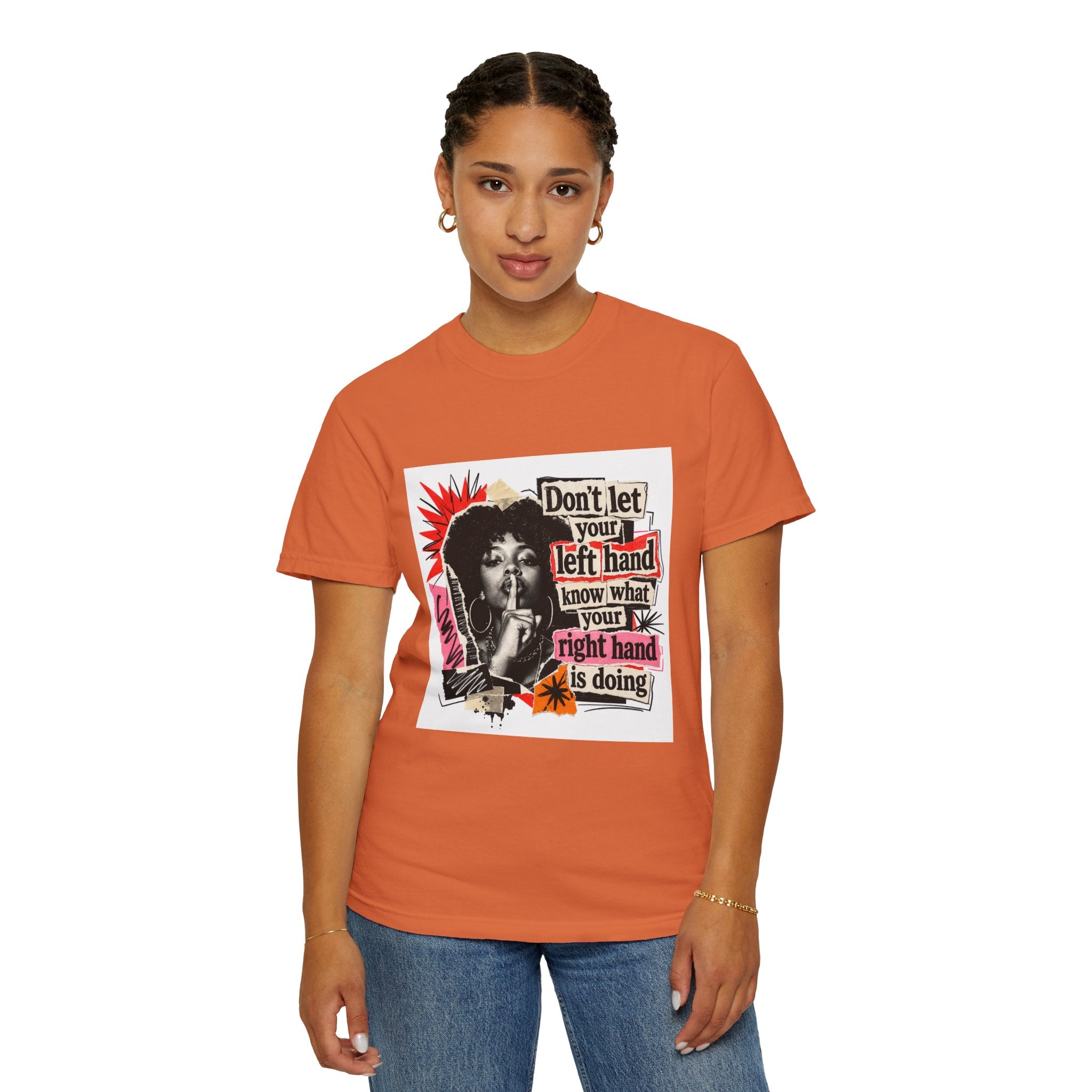 Graphic T-Shirt “Don’t Let Your Left Hand Know” Retro Collage Tee