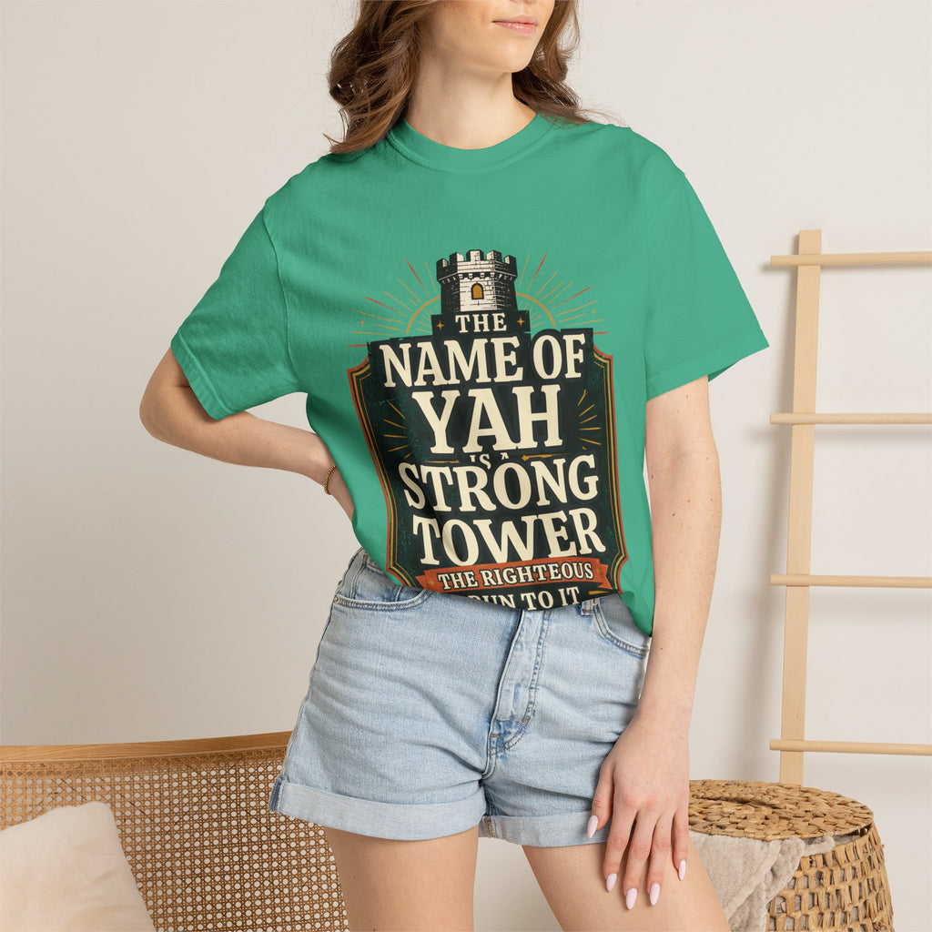 T-Shirt — “The Name of Yah Strong Tower” Vintage Religious Graphic Tee