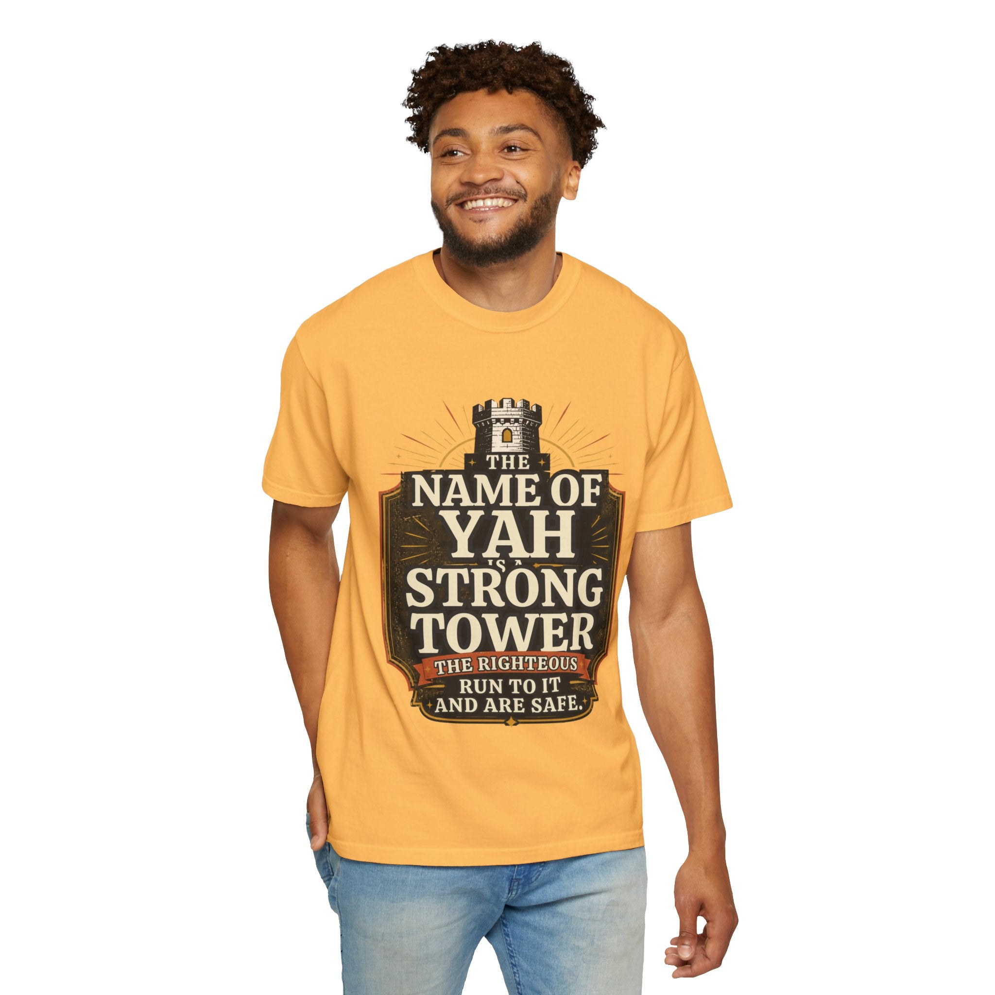 T-Shirt — “The Name of Yah Strong Tower” Vintage Religious Graphic Tee