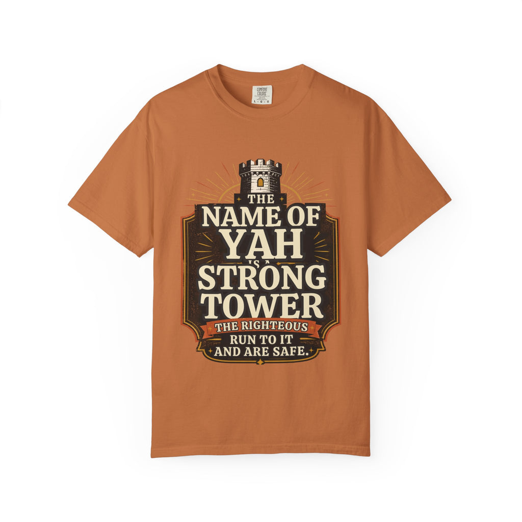 T-Shirt — “The Name of Yah Strong Tower” Vintage Religious Graphic Tee