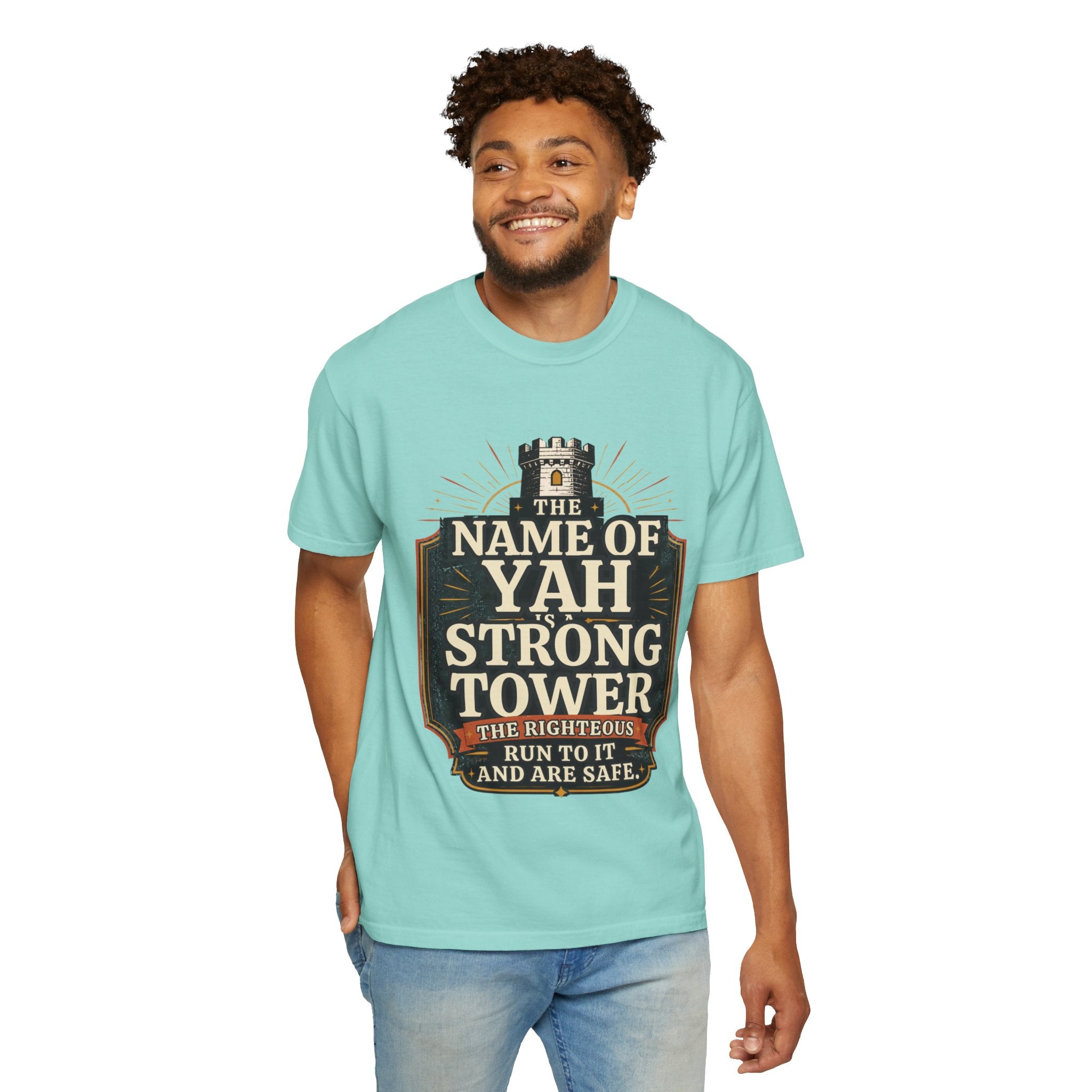 T-Shirt — “The Name of Yah Strong Tower” Vintage Religious Graphic Tee