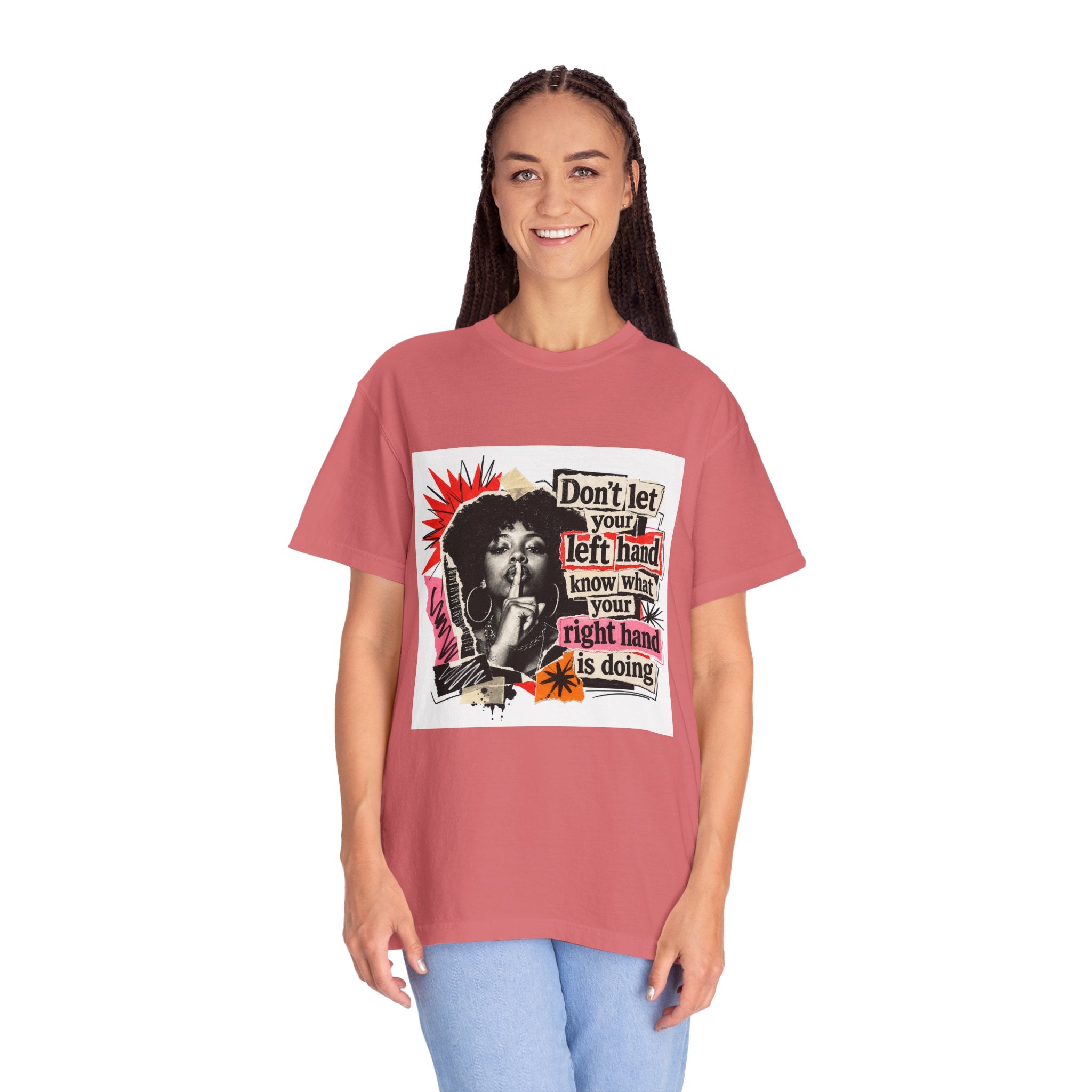 Graphic T-Shirt “Don’t Let Your Left Hand Know” Retro Collage Tee