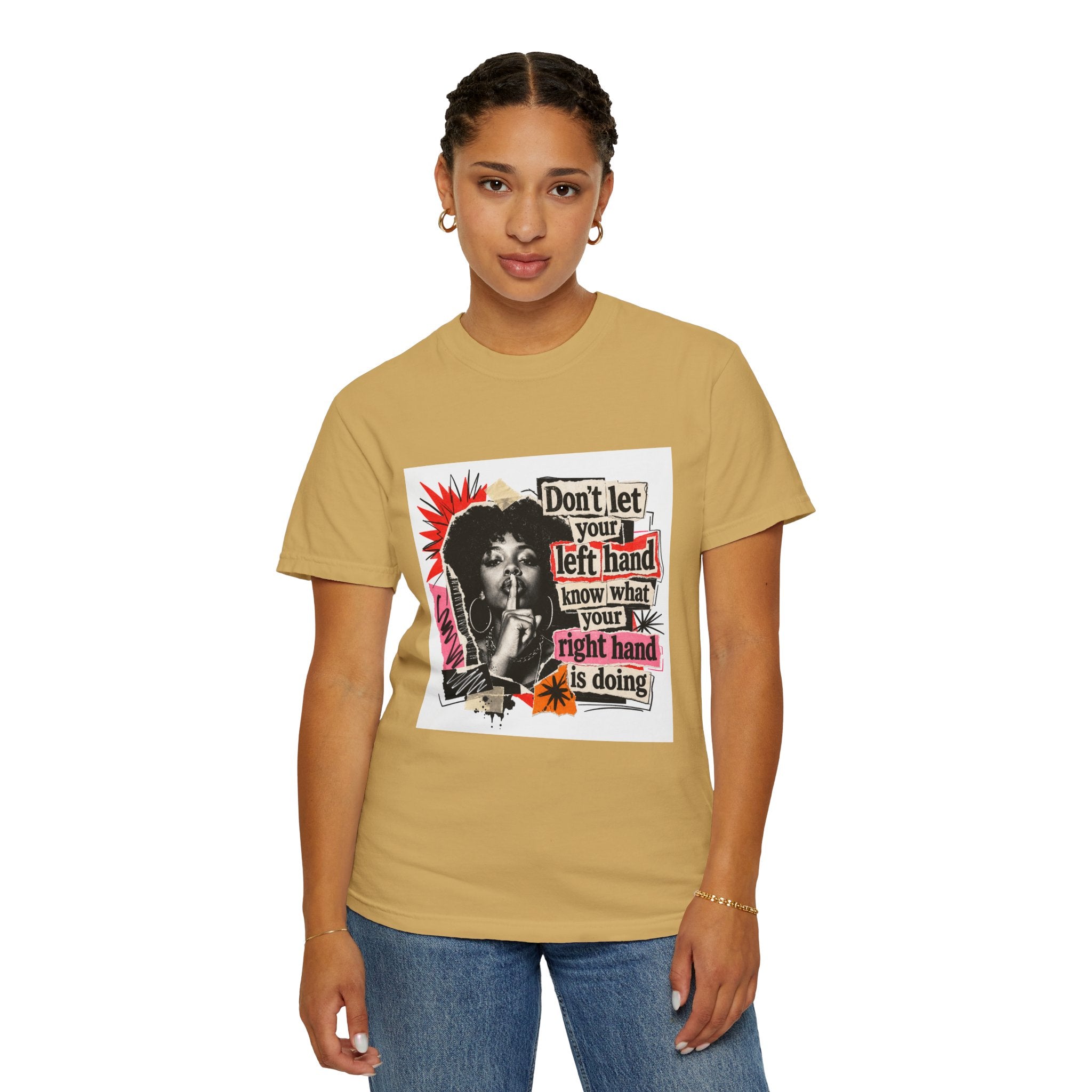 Graphic T-Shirt “Don’t Let Your Left Hand Know” Retro Collage Tee