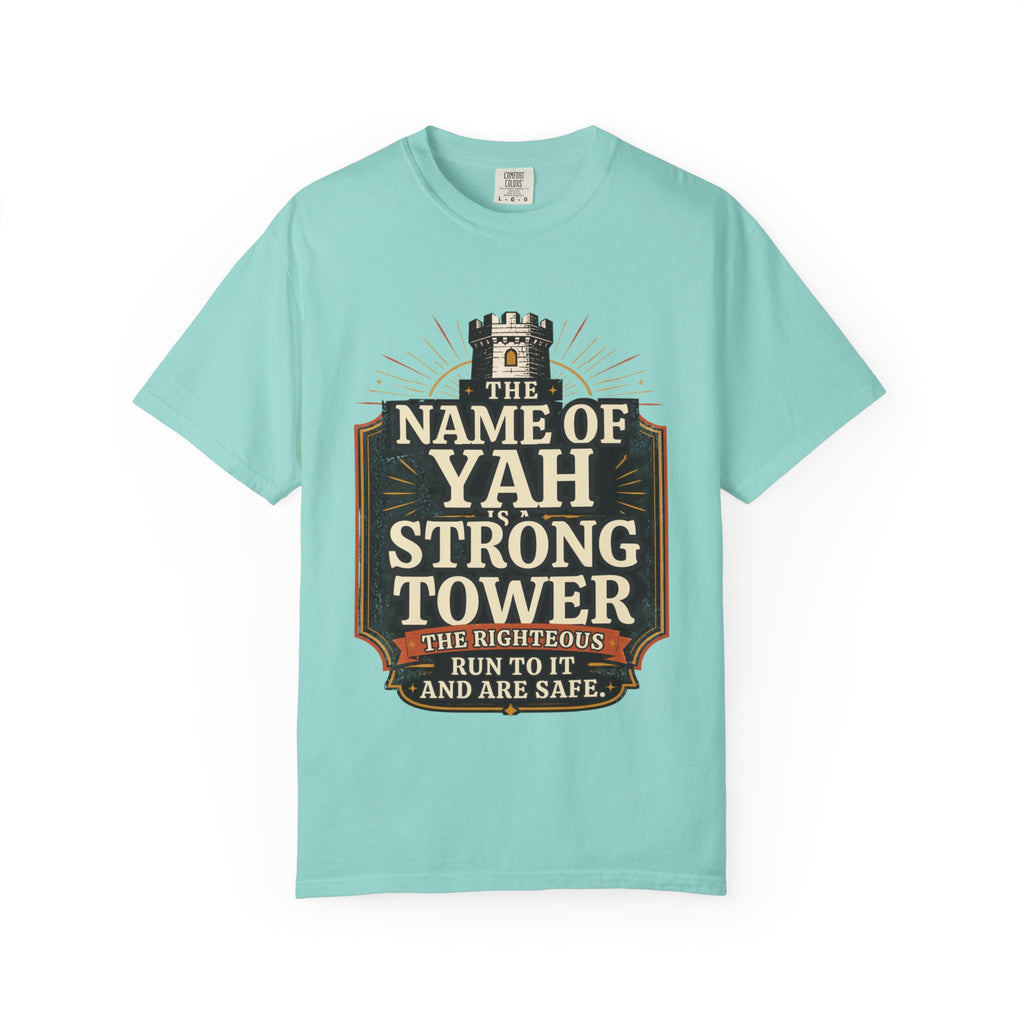 T-Shirt — “The Name of Yah Strong Tower” Vintage Religious Graphic Tee