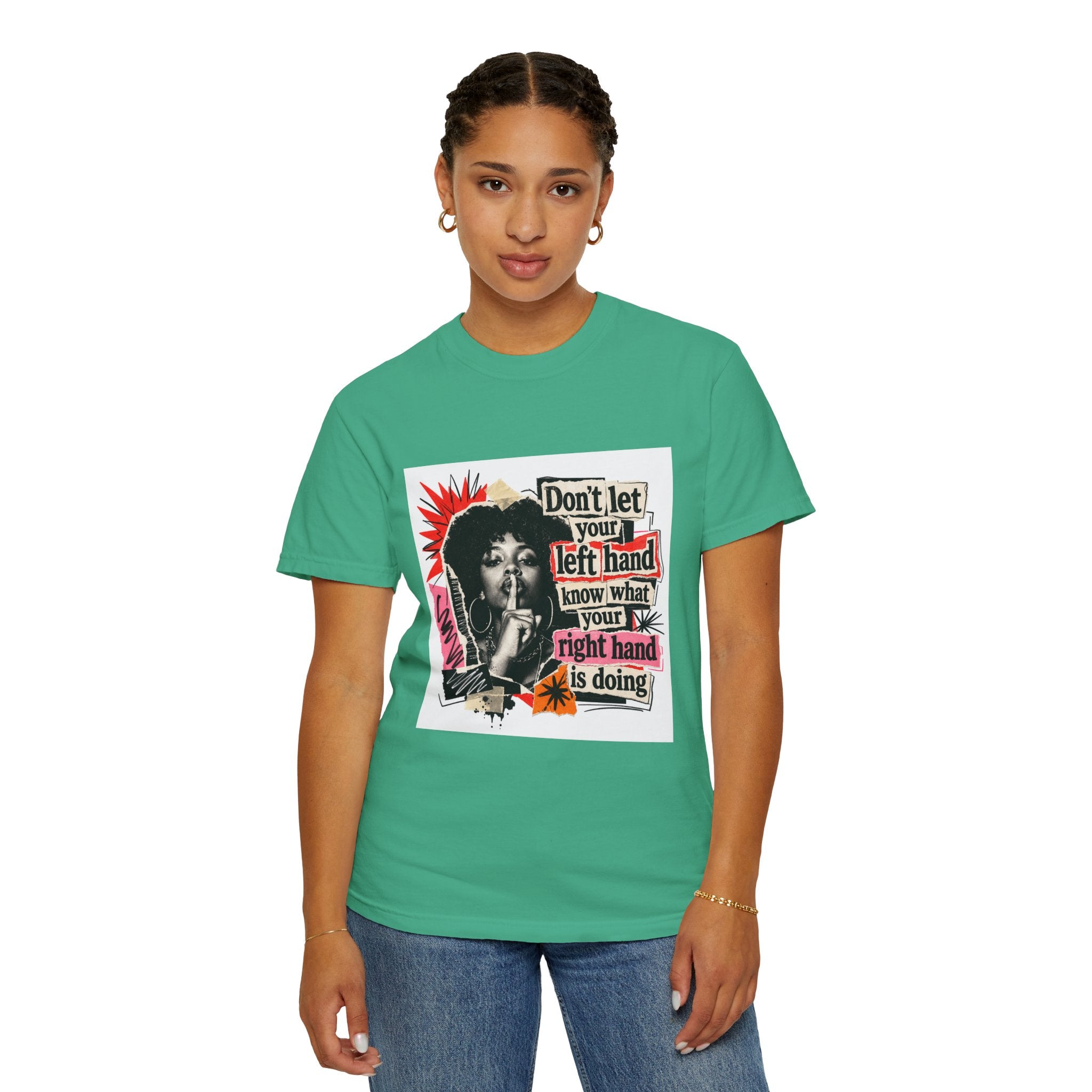 Graphic T-Shirt “Don’t Let Your Left Hand Know” Retro Collage Tee