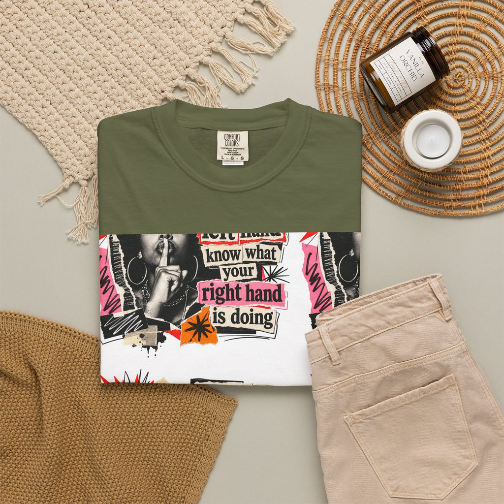 Graphic T-Shirt — Retro Pop Art “Don't Let Your Left Hand Know What Your Right Hand Is Doing”
