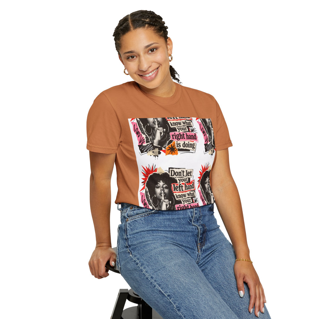Graphic T-Shirt — Retro Pop Art “Don't Let Your Left Hand Know What Your Right Hand Is Doing”
