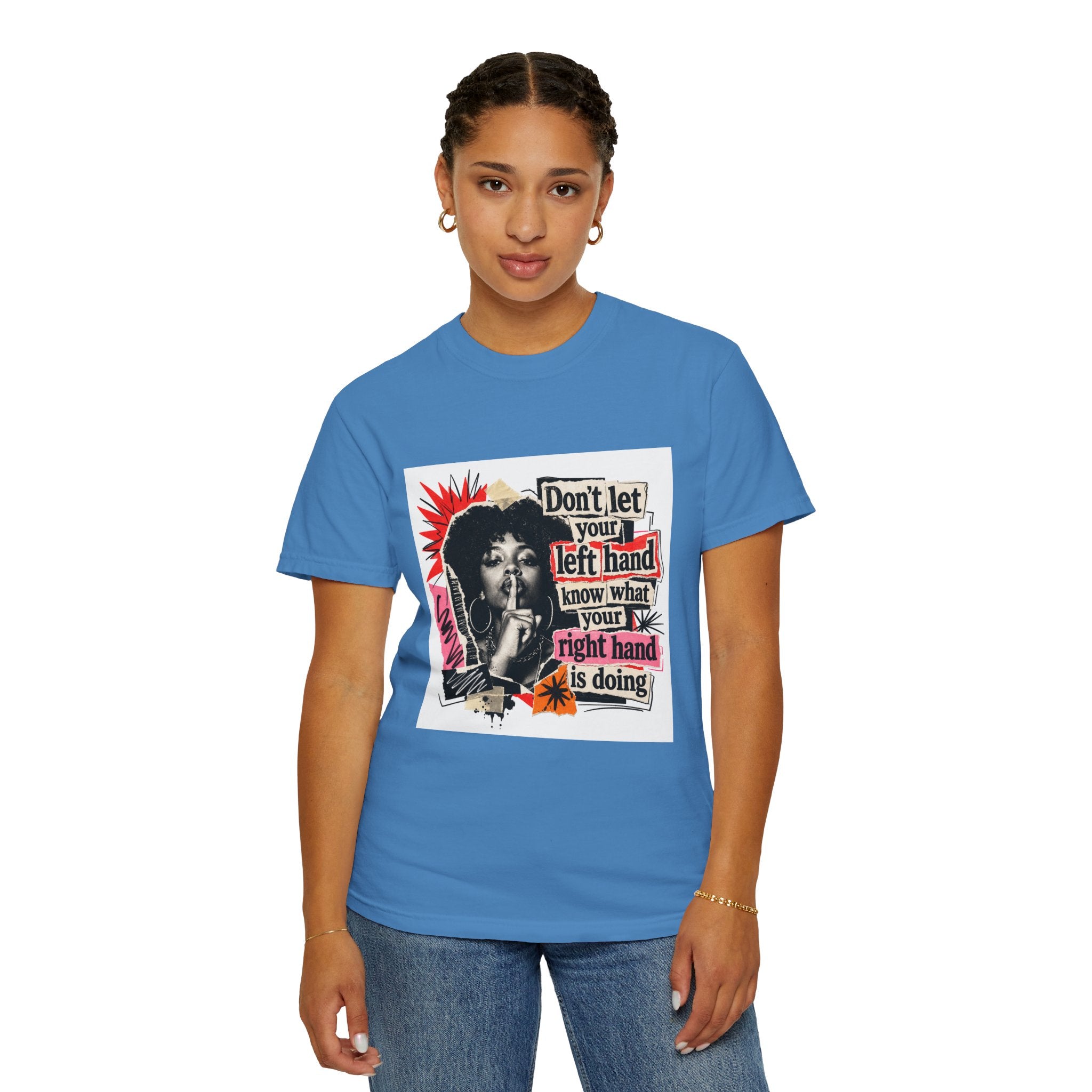 Graphic T-Shirt “Don’t Let Your Left Hand Know” Retro Collage Tee