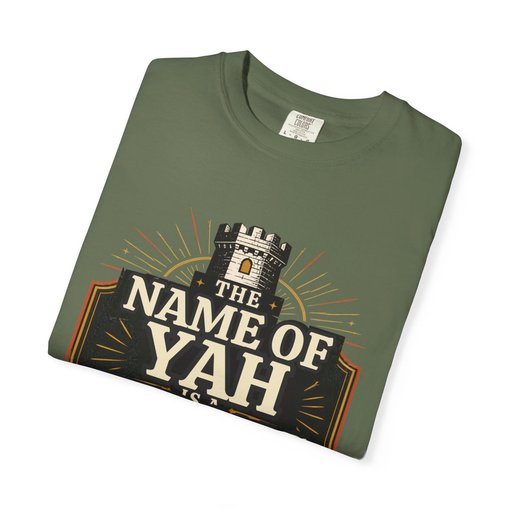 T-Shirt — “The Name of Yah Strong Tower” Vintage Religious Graphic Tee