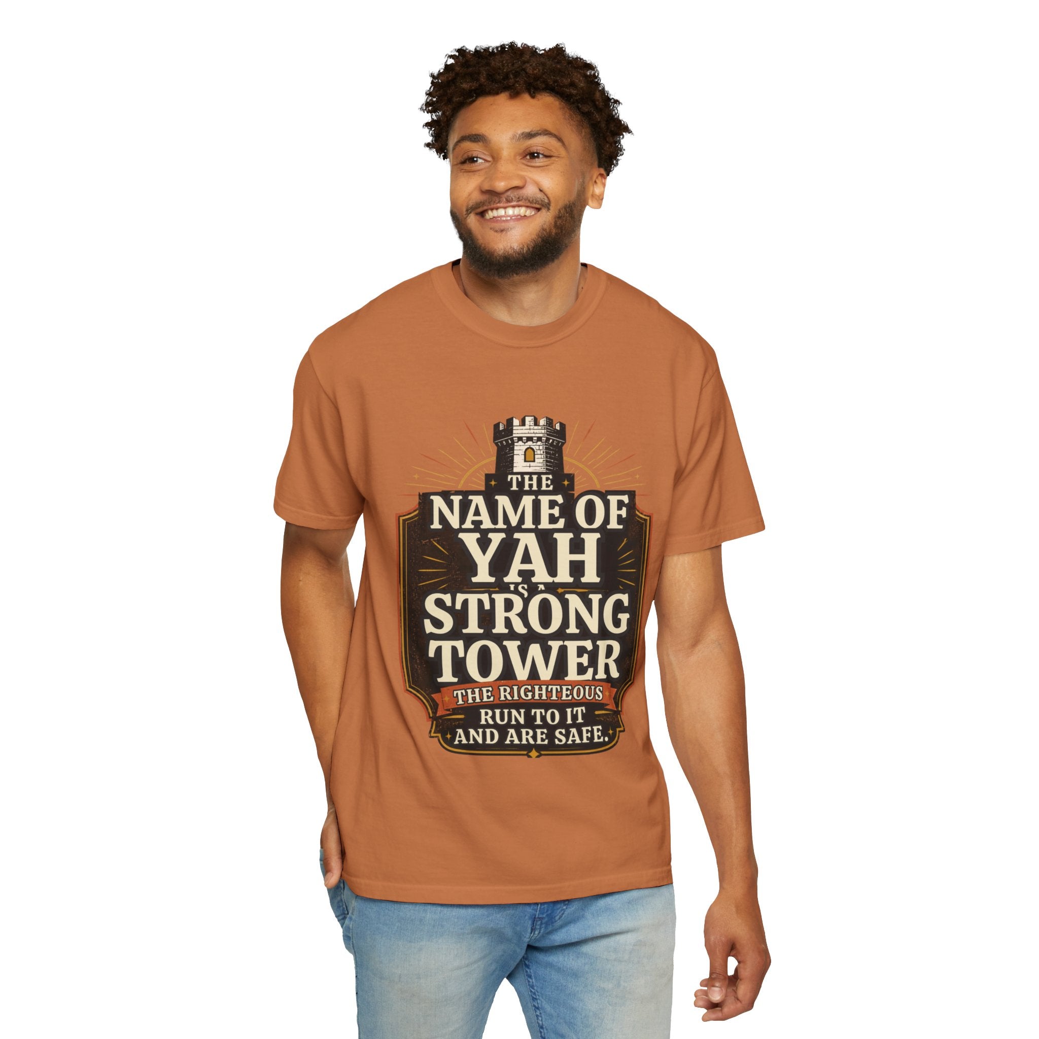 T-Shirt — “The Name of Yah Strong Tower” Vintage Religious Graphic Tee
