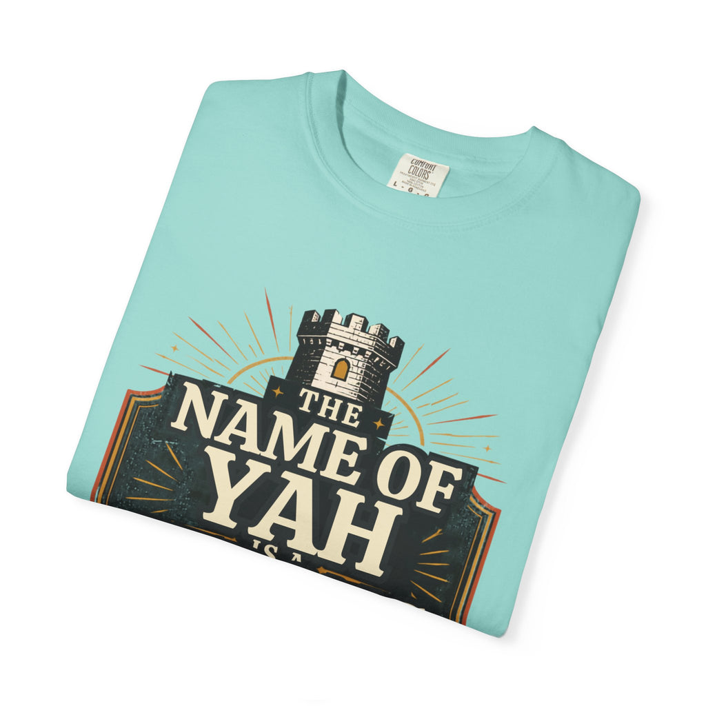 T-Shirt — “The Name of Yah Strong Tower” Vintage Religious Graphic Tee